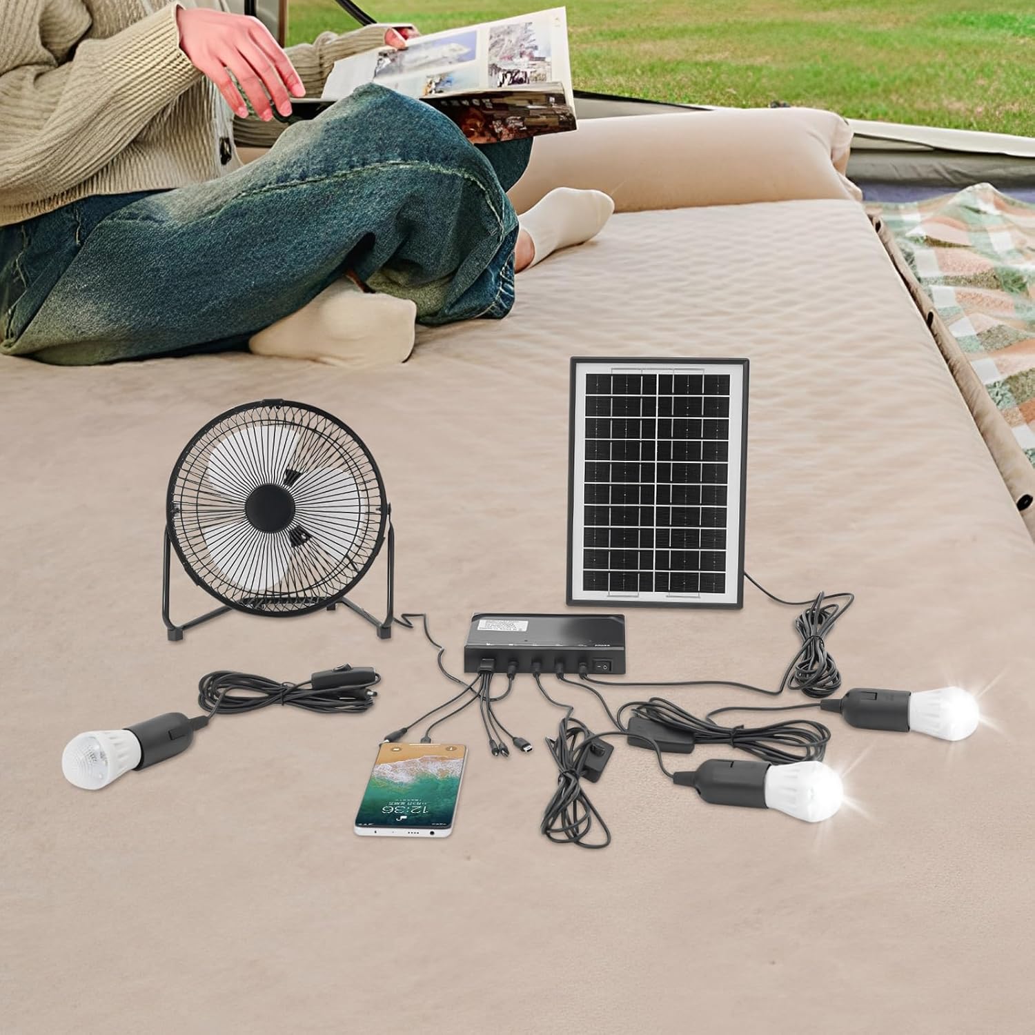 Solar Generator Portable Lighting Fan System Kit, Solar Power Panel with 3 Bulbs & 4000mAh Battery Solar Fan and Lamp Kit Energy Storage USB Charger System for Outdoor Camping, Emergency Power