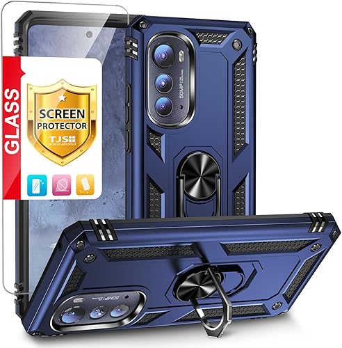 Miniatura 9 de TJS Funda compatible con Motorola Moto Edge 2022, con protector de pantalla de vidrio templado, anillo de metal, soporte magnético, funda protectora