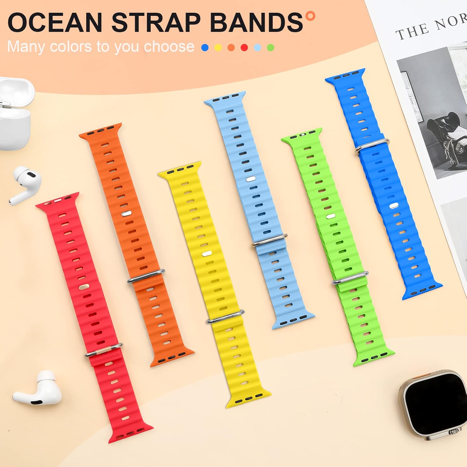 6 Pack Ocean Bands for Apple Watch Band 49mm 45mm 44mm 42mm 41mm 40mm 38mm, Soft Silicone Waterproof Strap Wristbands for iWatch Ultra SE Series 8 7 6 5 4 3 2 1 for Women Men