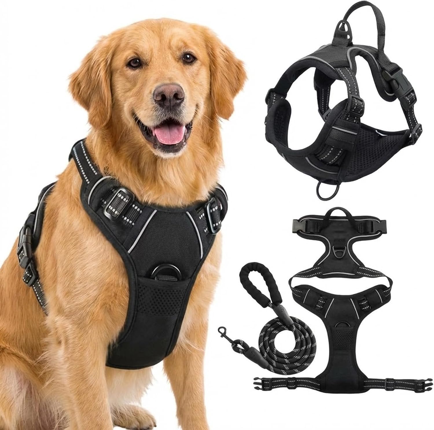 Pettorina per cani anti-tiro, riflettente, regolabile, con guinzaglio e