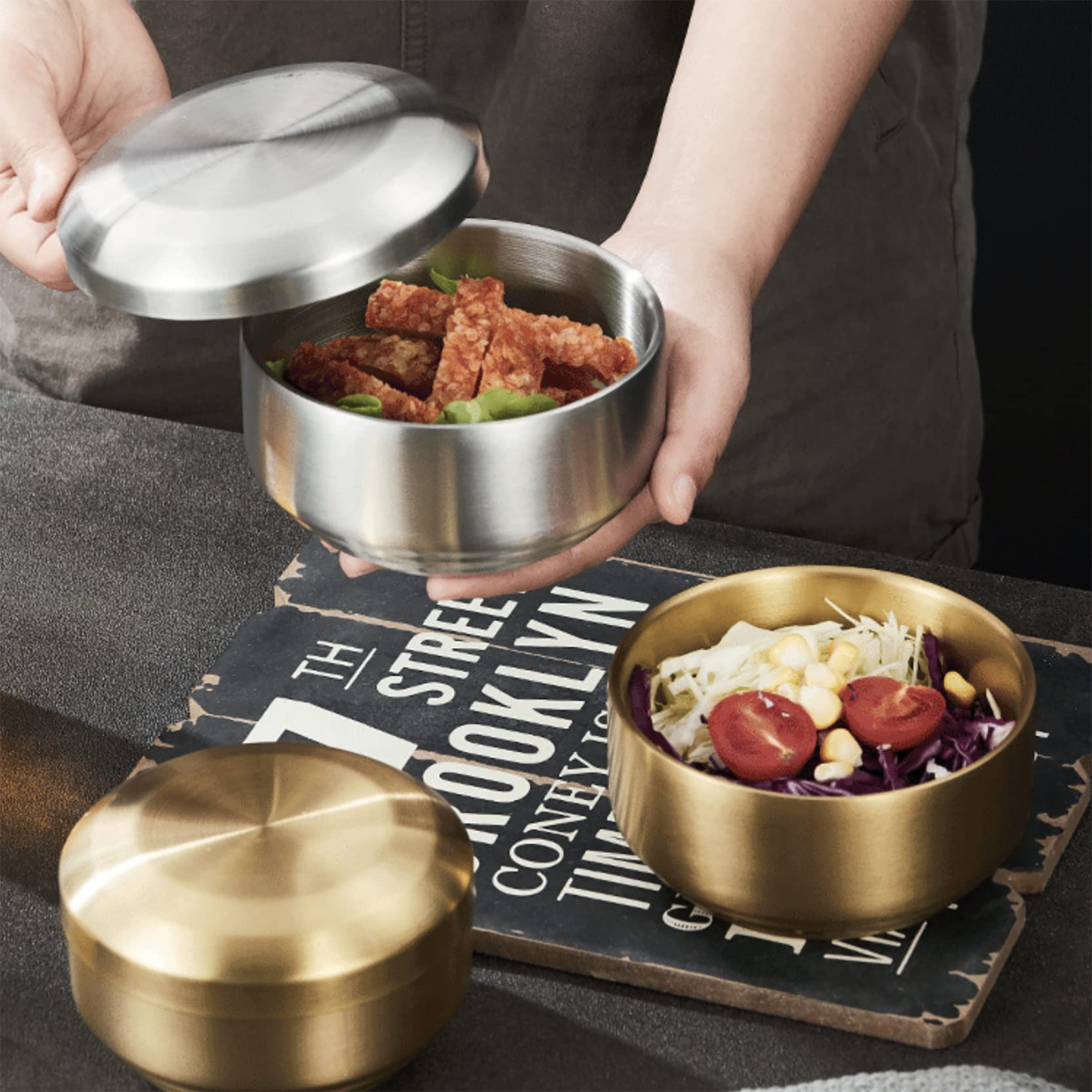 UPTALY 1 pcs Cereal Bowl with Lid, 1 pcs Coffee Mug(Golden Color, Large Type B), Thickened 18/10 Stainless Steel Tableware, Double Wall Heat Insulation, Rice Bowl with Saucer, Unbreakable Camping Mug