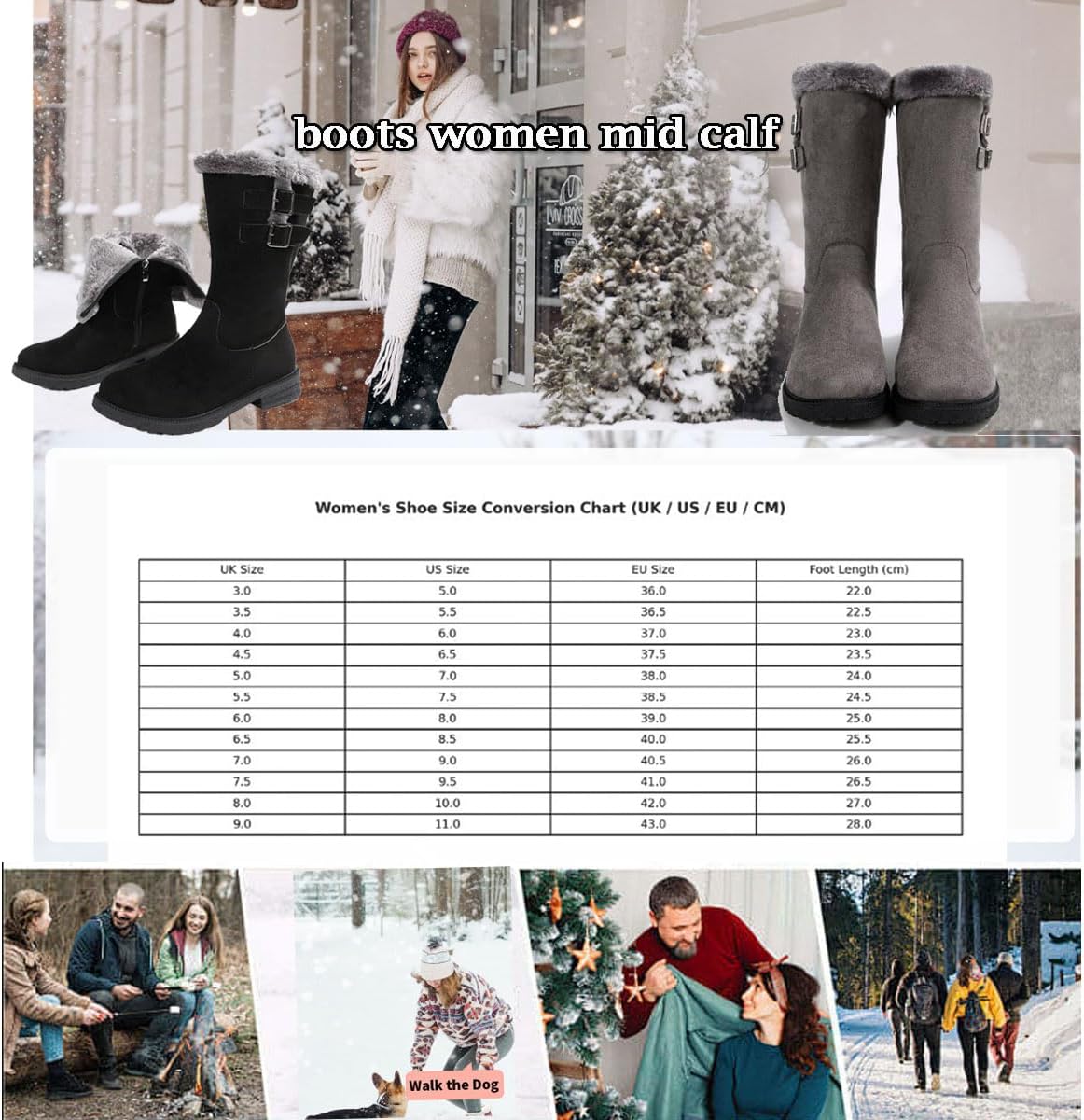 Women's Fashion Mid-Calf Snow Boots, Comfort Booties for Women Faux Fur Lining Non Slip Winter Snow Boots for Hiking