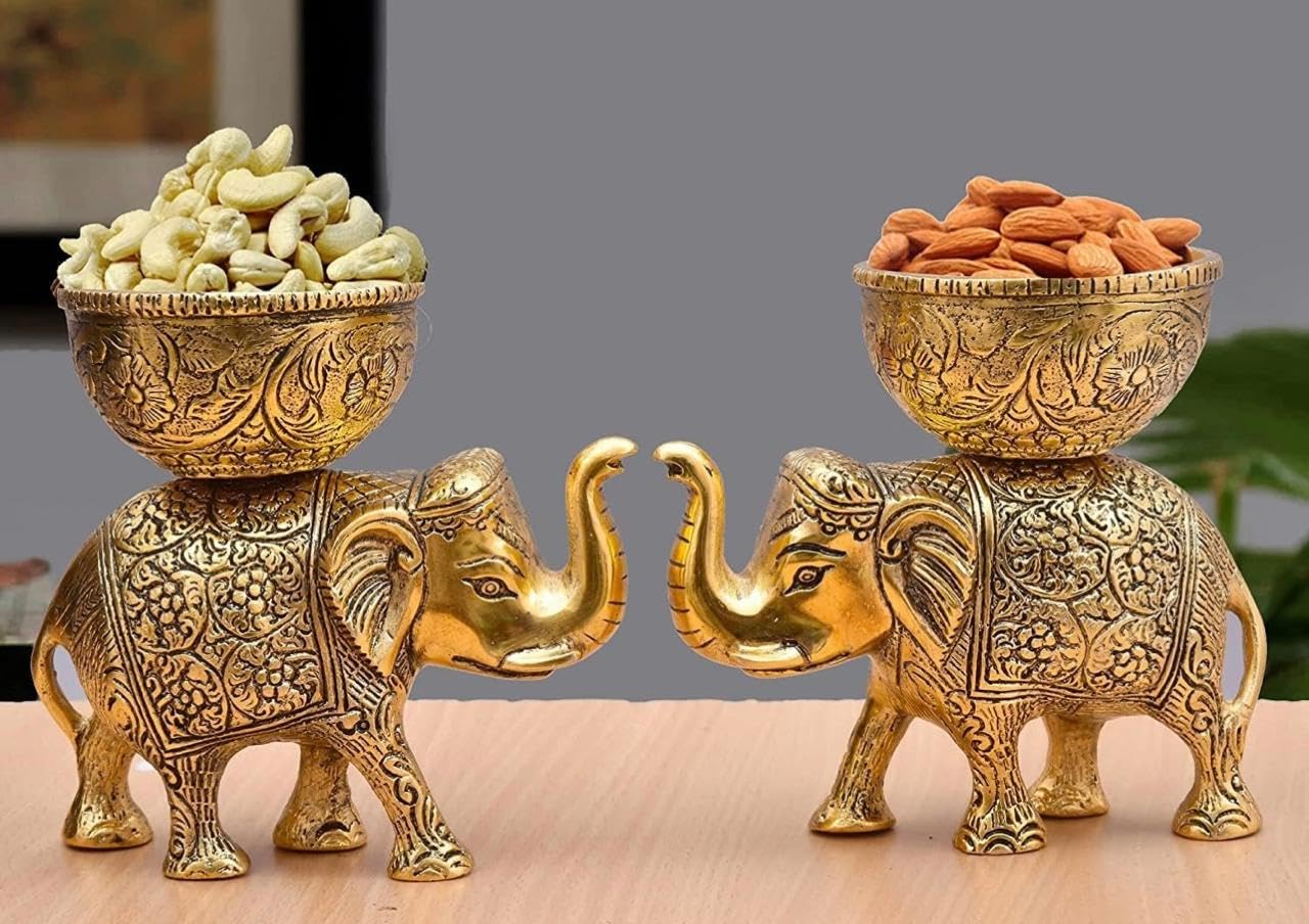 LABHCART Brass Elephant Urli Bowl: Ethnic Design Uruli Pot for Home Decor - Ideal for Floating Flowers, Candle Lamps, Temple Room - Traditional Diwali Decoration-image-3