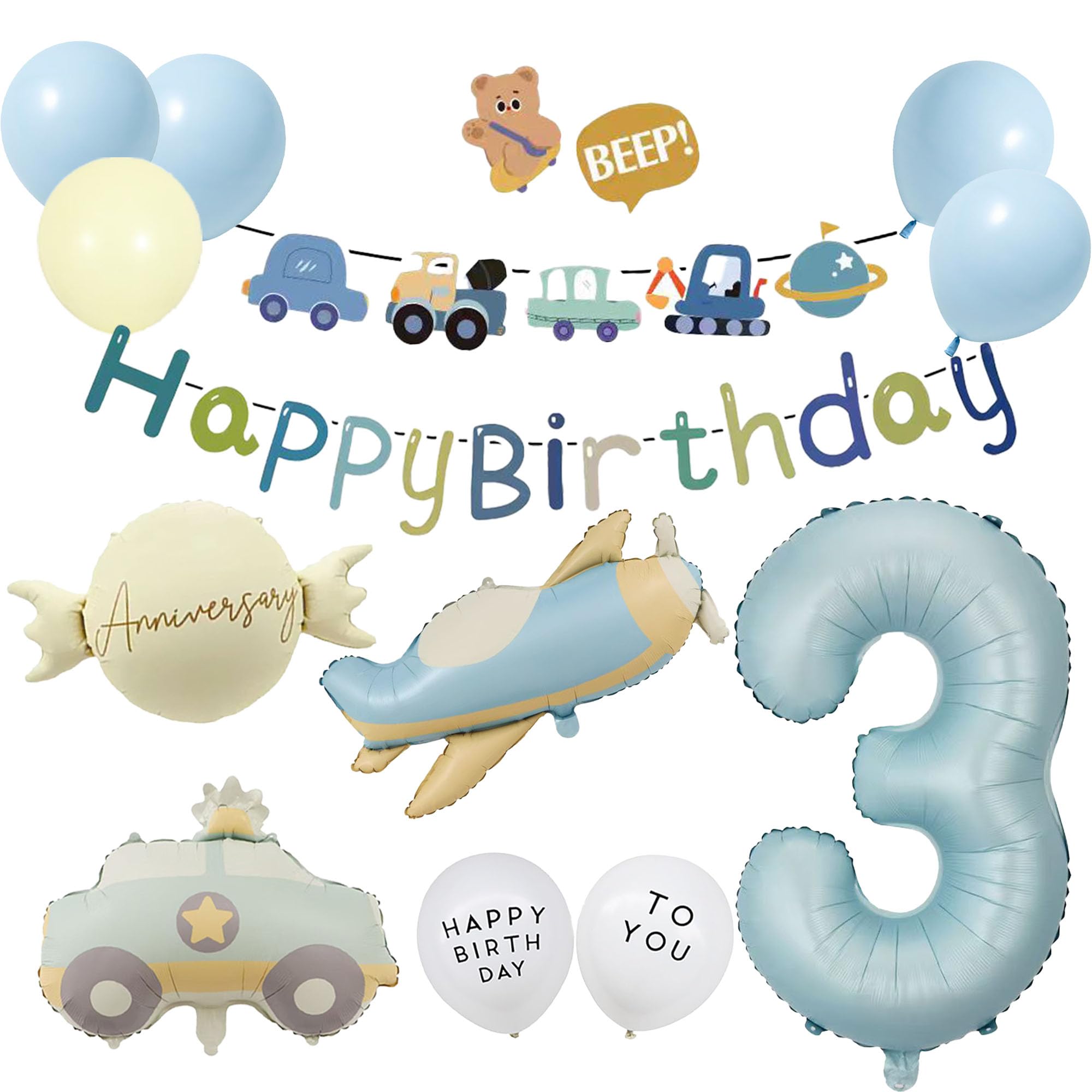 ZHUHAOYUN 誕生日 飾り付け 3歳 誕生日風船乗り物バルーンセットHAPPY BIRTHDAY ガーランハッピーバースデーパーティー装飾パ飛行機 パトカーーティー サプライズお祝男の子