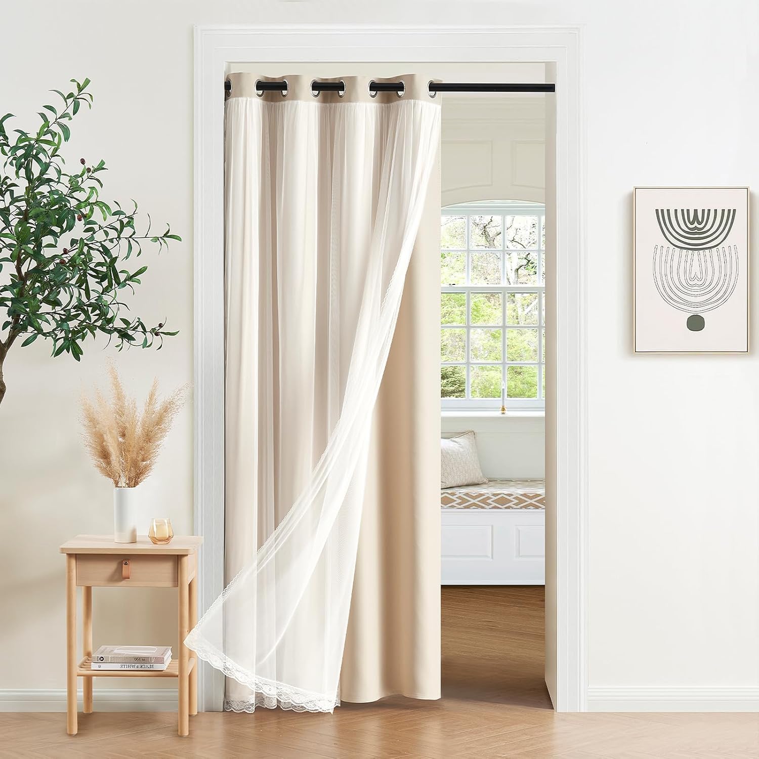 Vatge Layered Door Curtains for Doorways Closet Curtain for Open Closet with Sheer Overlay, 1 Panel, W42 x L80, Light Beige