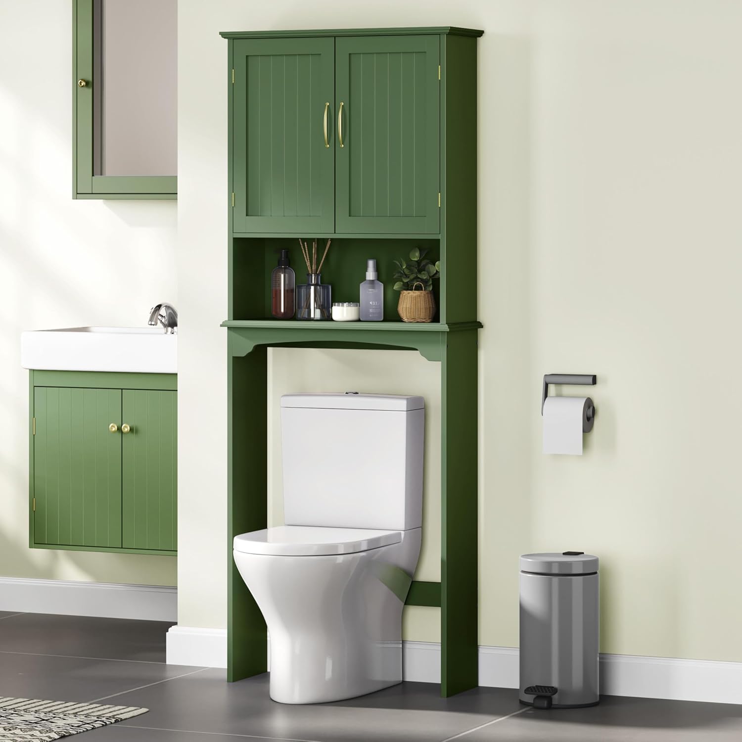 Yaheetech Over The Toilet Storage Cabinet, Over Toilet Cabinet with Adjustable Shelf, Bathroom Storage Organizer with Double Wood Doors, Green