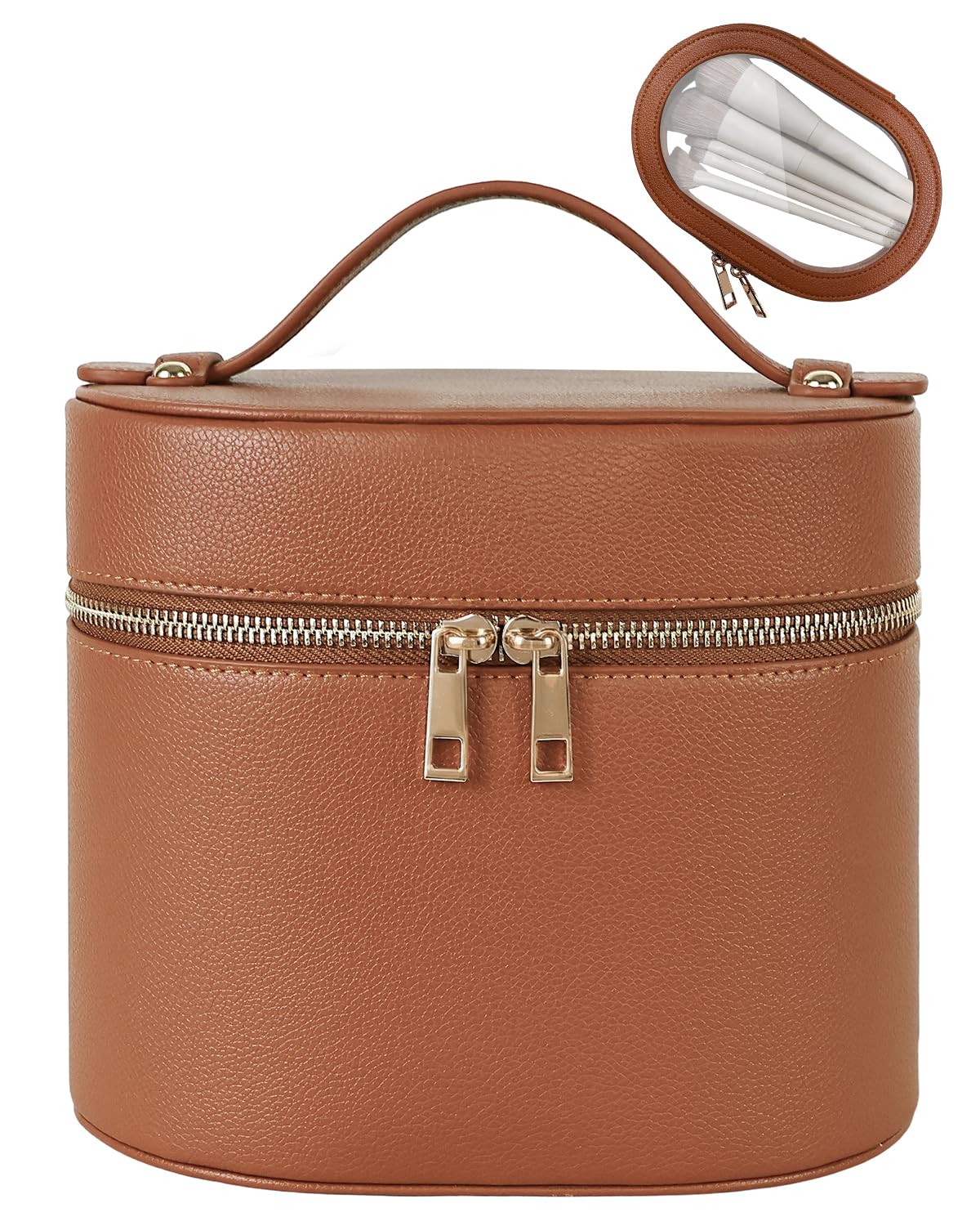 Prite 2 Pcs Trousse Maquillage Femme Vanity Case Voyage Portable Trousse de Toilette Cuir Rigide avec Séparateur et Trousse à Brosse Amovibles (Marron)