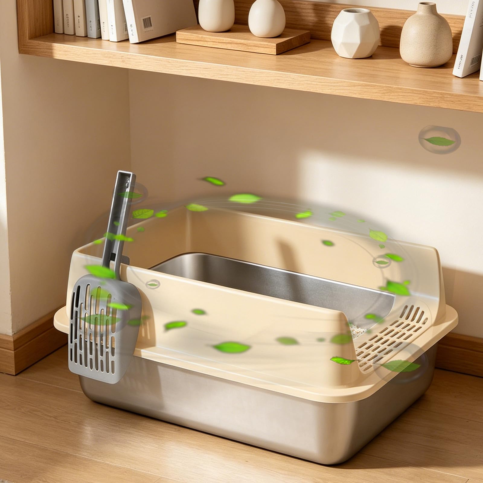 Bac Litière INOX XXL, Grande Litière pour Chat Bord Haut 30cm Anti-Projection, Toilette Chat Métal Ouverte avec Pelle et Pédale, Facile à Nettoyer, Kaki (60x40x30cm)