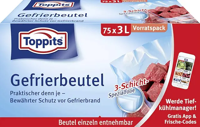 Toppits Gefrierbeutel 3 Liter Vorratspack - 75 Stück mit Standboden