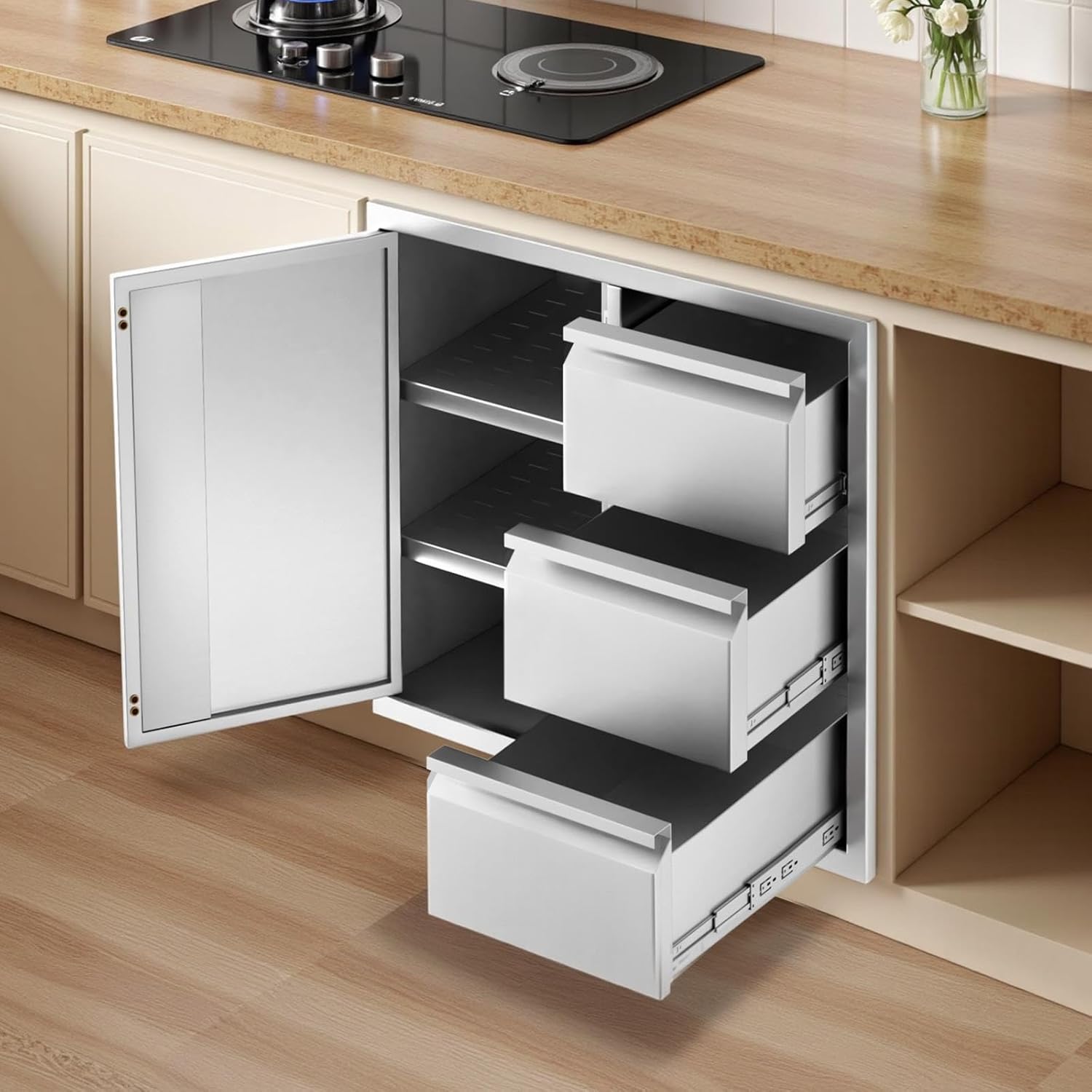 28x19 Inch Outdoor Kitchen Drawer Combo, 304 Stainless Steel Triple Barbecue Access Drawer with Embedded Handle, Flush Mount Storage Cabinet for Outdoor Kitchen, BBQ Island, Patio Grill Station