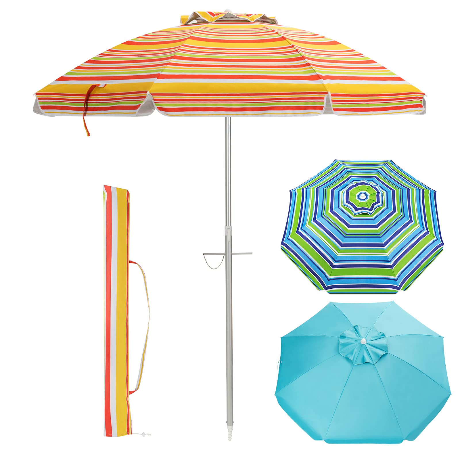 GOPLUS Sombrilla Playa 180/200/220cm, Sombrilla Playa Grande con Protección UV, Ventilación y Bolsa de Transporte, Sombrilla Antiviento Plegable y Inclinable para Piscina Jardín