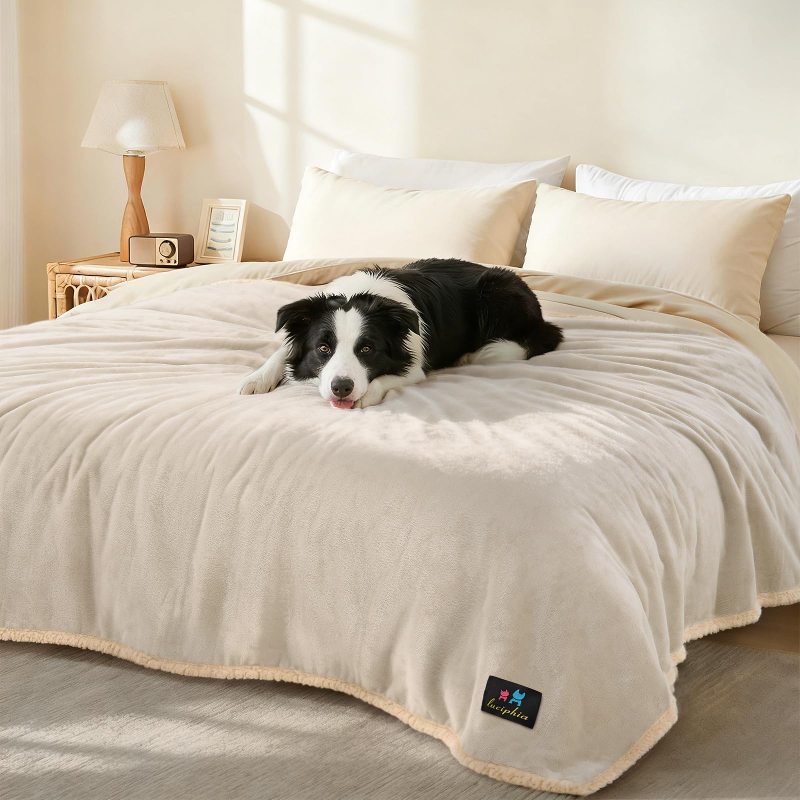luciphia Waterproof Pet Blanket, Liquid Pee Proof Dog Blanket for Sofa Bed Couch, Reversible Sherpa Fleece Furniture Protector Cover for Small Medium Large Dogs Cats, Grey Beige X-Large(85" x 57") — image 1