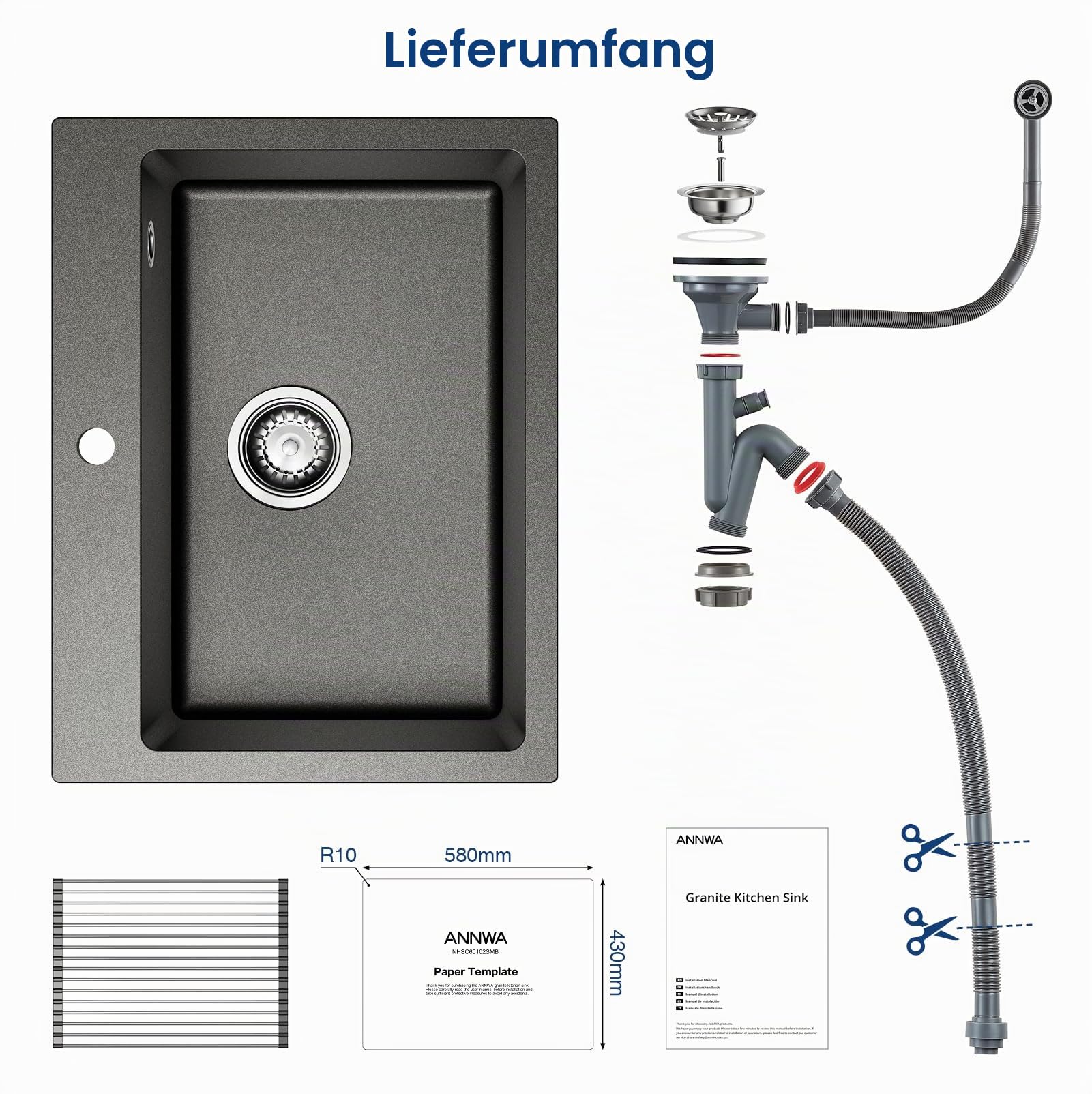 Granit Küchenspüle 60×45cm mit rollbarem Geschirrtrockner & Ablaufgarnitur,Rechteckiges 1-Becken Spülbecken aus Quarz,kratzfest & hitzebeständig,für Unterschränke ab 45cm(NHSC60102SMB)