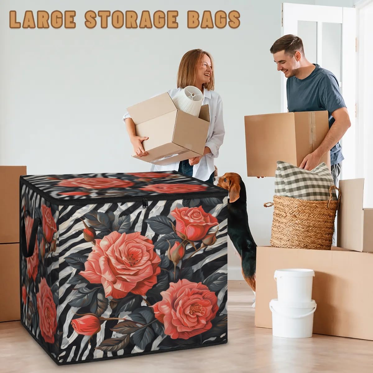 Honeybaby 214L Extra Large Comforter Storage Bag Zebra Pattern Rose Storage Totes with Lids Waterproof Closet Organizer Folding Blanket Storage Bags for Clothes Bedding Pillows