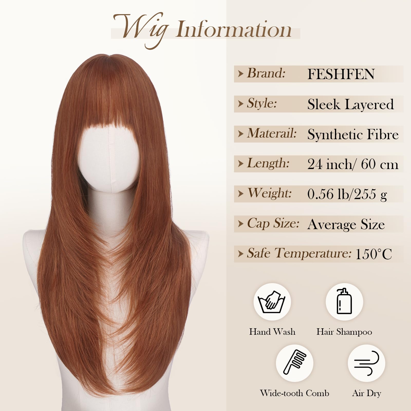 FESHFEN Lisci Parrucca con Frangia - Lunghe a Strati Rame Rosso Parrucche per Donna Naturali Sintetico Parrucca Capelli Lunghi Dritto Layered per Festa Quotidiano, 60 cm