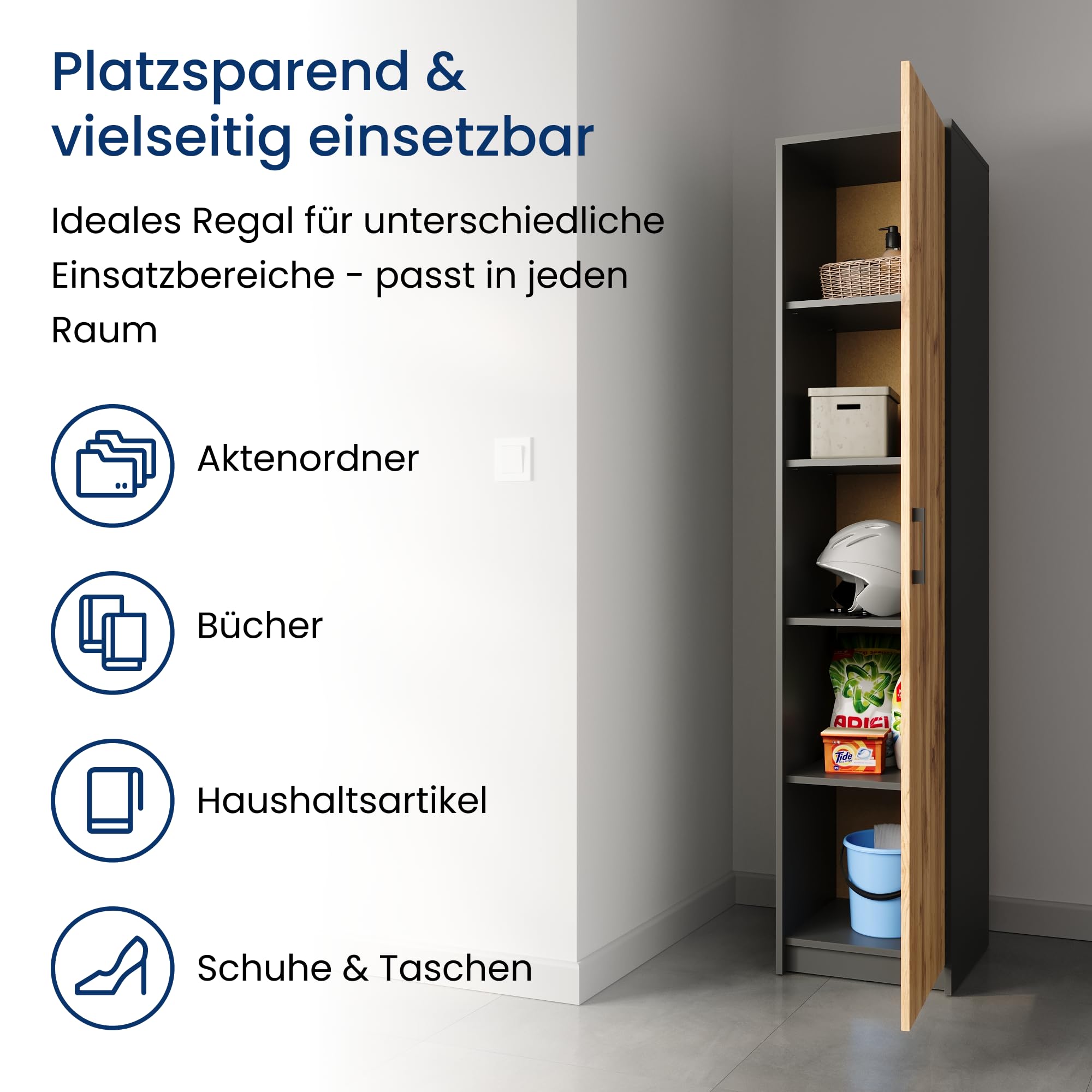 Home Collective Regal mit 5 Ebenen in matt Aktenschrank mit 4 Einlegeböden und 1 Tür, Standregal 39 cm breit mit hochwertigen Polymergriffen ideal für Schlafzimmer Wohnzimmer Flur Büro Graphit Eiche