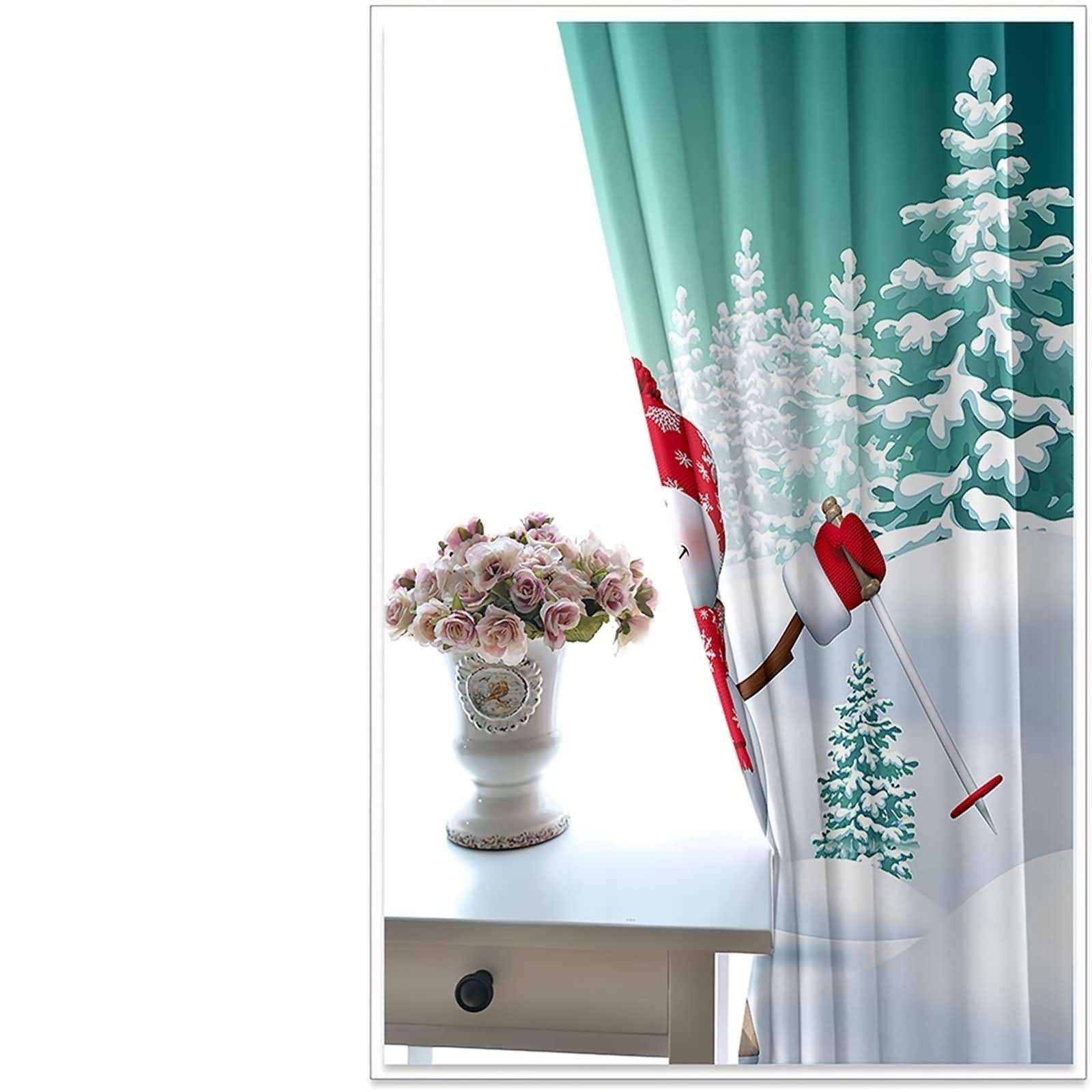 Epinki Zasłony poliestrowe białe zielone narty bałwan zasłony zaciemniające, dostępne w 21 rozmiarach, rozmiar 274 x 115 cm