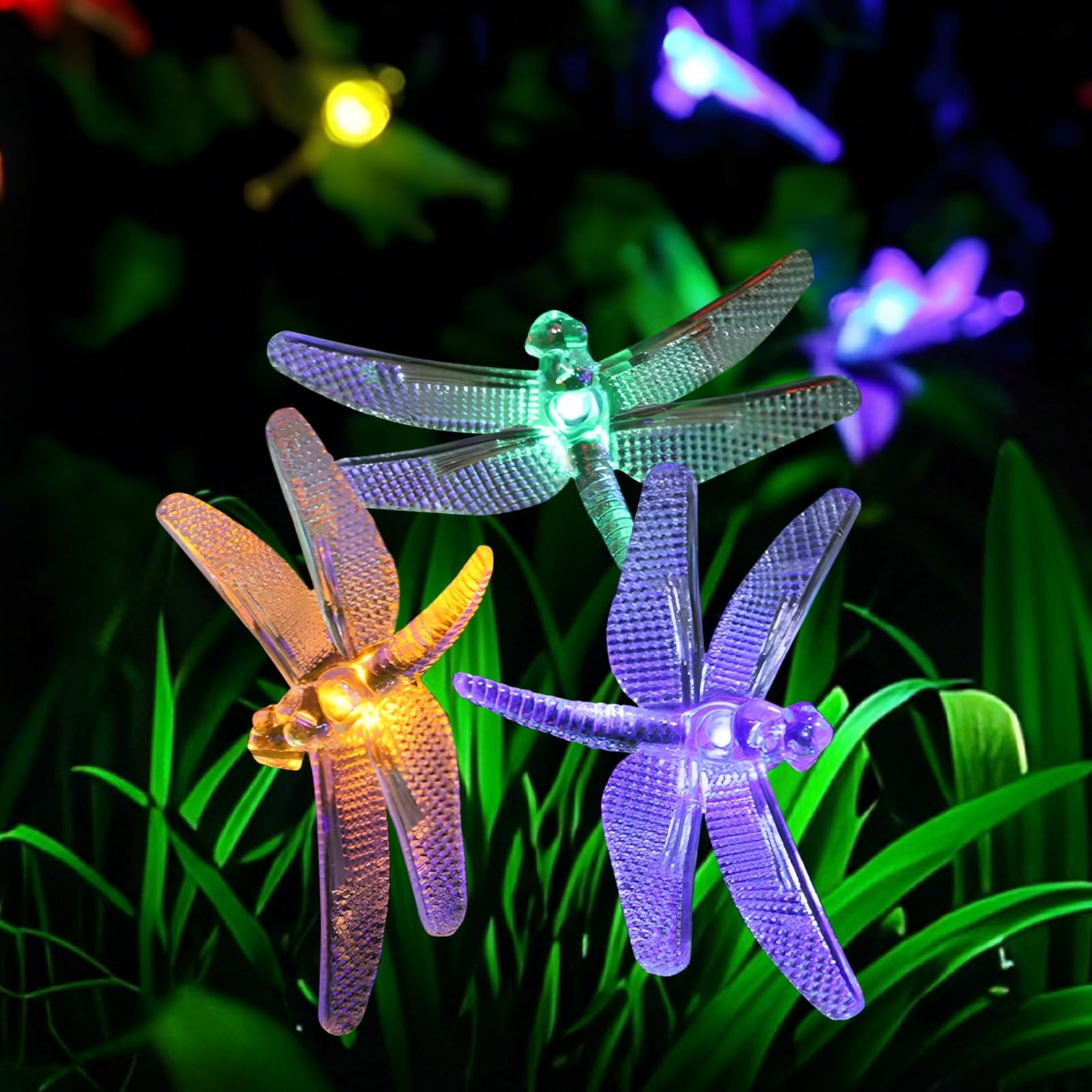 Guirnalda de luces solares de libélula, 80 luces LED decorativas para exteriores, alimentadas por USB, para patio, césped y jardín, certificado Fcc y CE