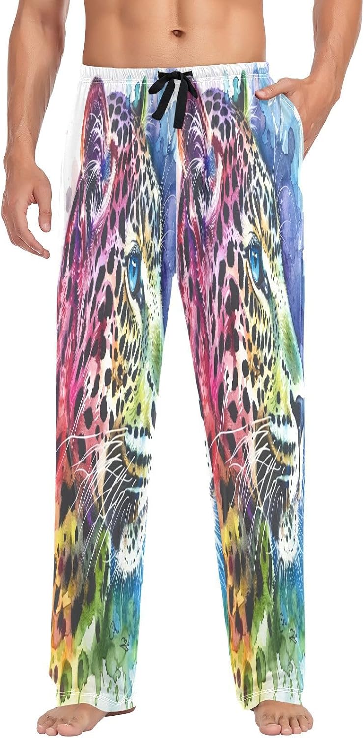 ALAZA Leopard Cheetah Portrait Watercolour Men's Pajama Pants Men Cotton Pajama Bottoms with Pockets, S