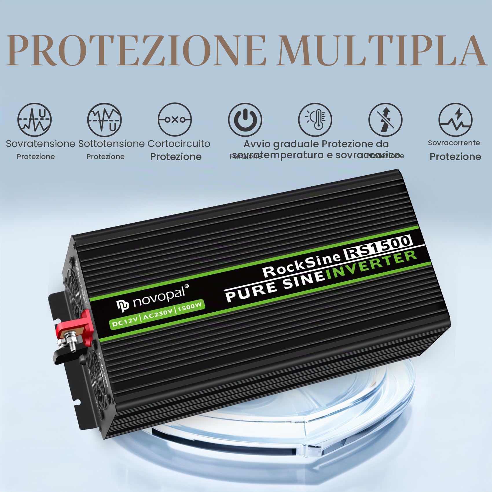 Novopal Inverter Onda Sinusoidale Pura 1500W DC 12V AC 220V 230V Convertitore di Tensione con Telecomando 5M