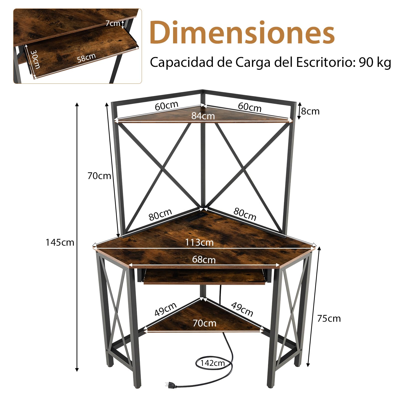 COSTWAY Escritorio para Computadora con Estantes, Escritorio de Esquina Que Ahorra Espacio con Bandeja para Teclado, Mesa Triangular para Oficina con Marco de Metal para Hogar Oficina(Marrón + Negro)