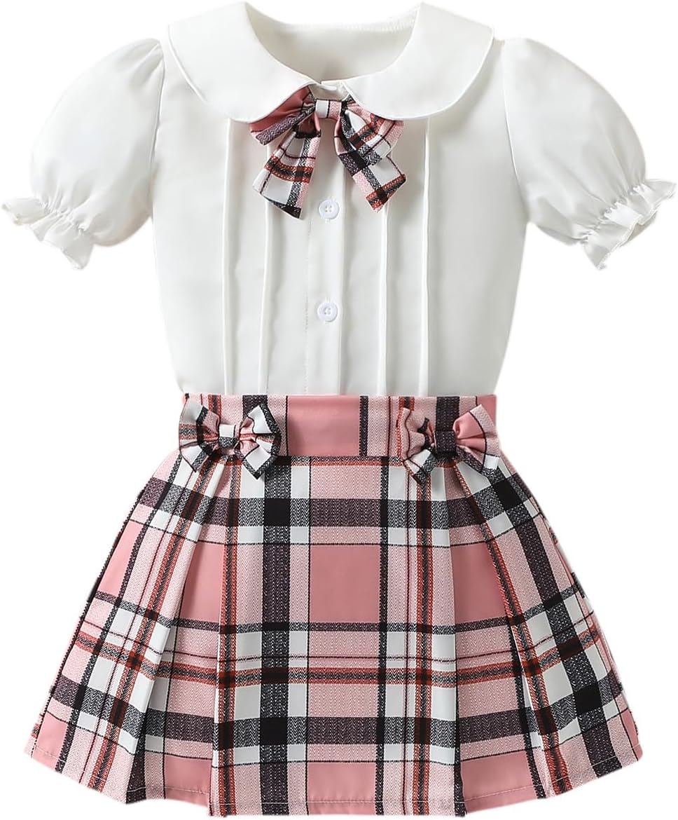 ChuYuKu Toddler Girl Summer Outfit School Uniform Set Preppy Style Blouse Pleated Skirt 2PCS Casual Daily Holiday Clothes