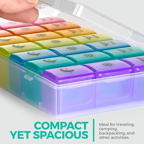 Miniatura 6 de Organizador semanal de píldoras, pastillero 3 veces al día, dispensador grande de plástico con 7 compartimentos diarios de mediodía y noche para