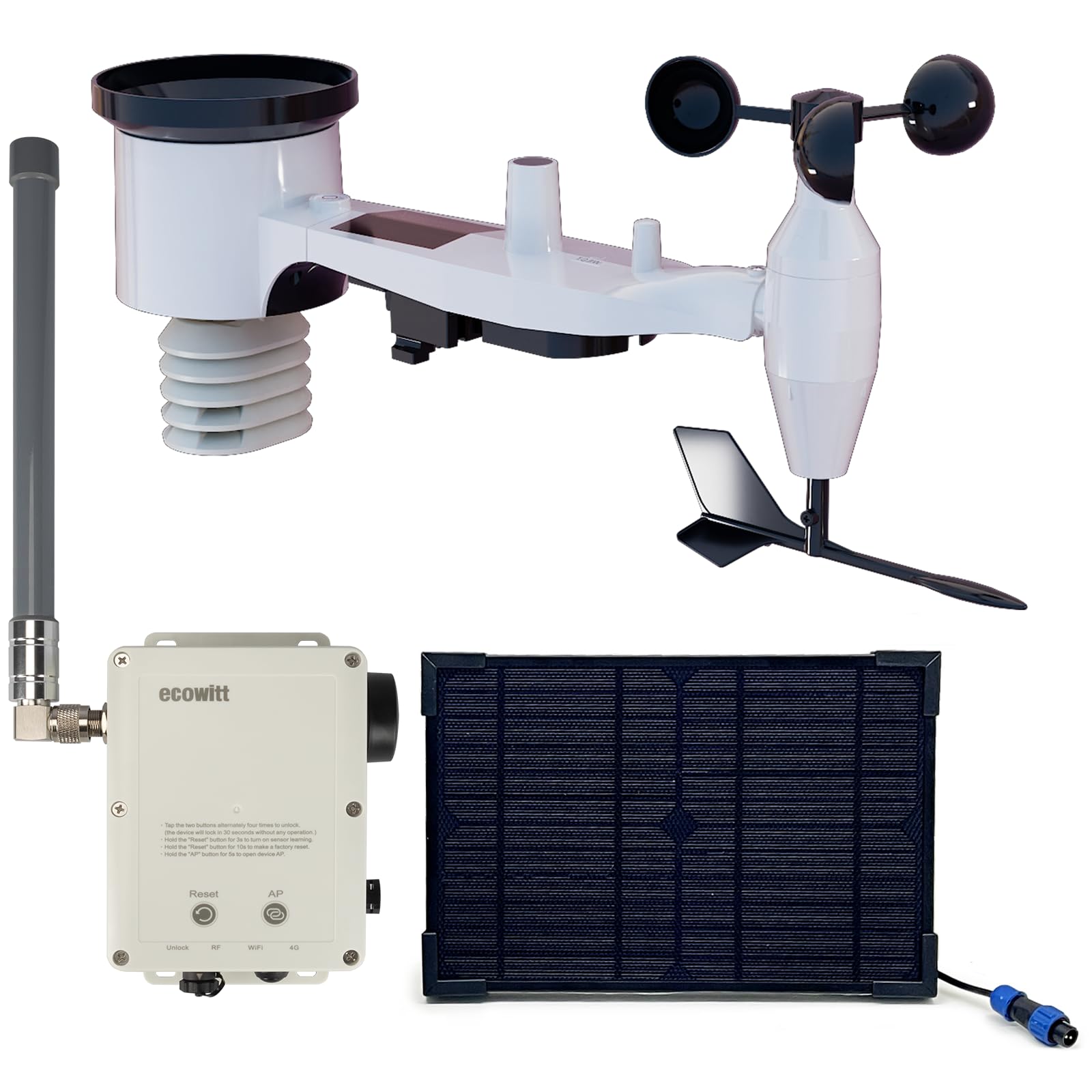 ECOWITT WS6211S Estación meteorológica doméstica con wifi, puerta de enlace móvil 4G y wifi WS6210S + sensor exterior 7 en 1 WS69, estación base IoT con panel solar + antena RF de 30 cm