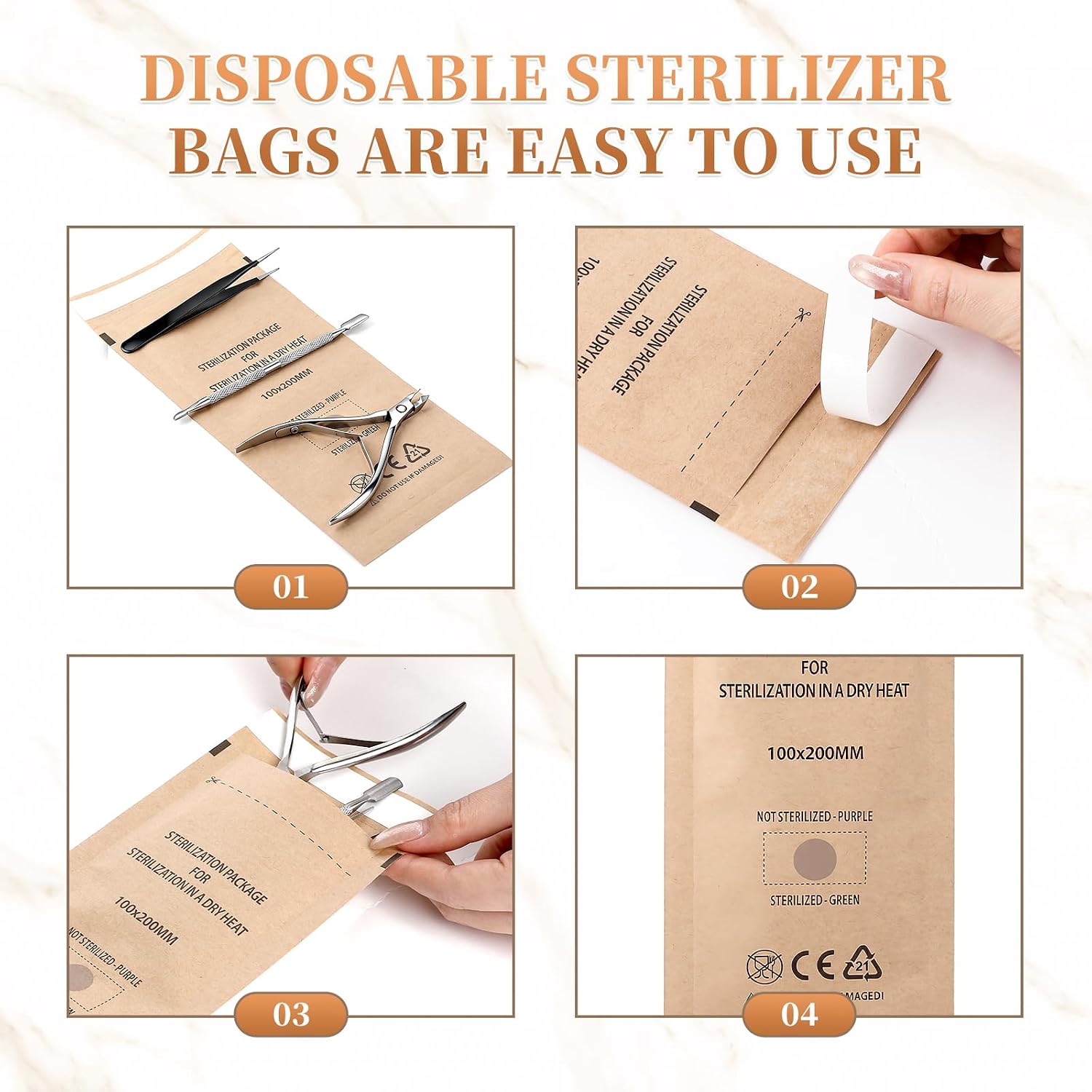 150Pcs Disposable Self-sealing Sterilizer Pouches for Nail Tool, Dry Heat Autoclave Nail Tools Sterilizer Bags, Sterilization Pouches Kraft Paper for Nail Tools Supplies (100mm x 200mm)