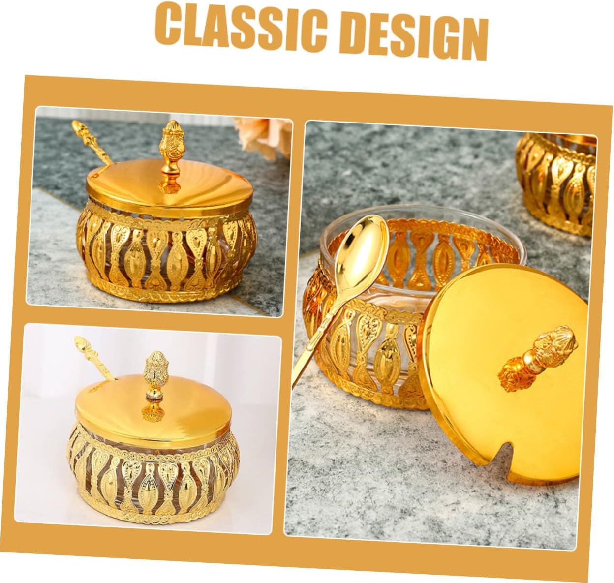 UPKOCH Gold Iron Sugar Jar with Lid and Spoon for Kitchen Storage Xmas