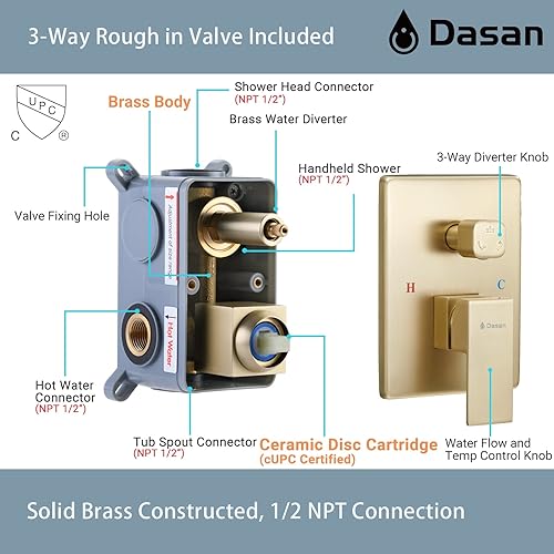 Miniatura 6 de DASAN DA-SS03BG-S10W - Juego completo de grifos de ducha de bañera de oro cepillado con boquilla de bañera, juego de grifos de bañera y ducha, kit