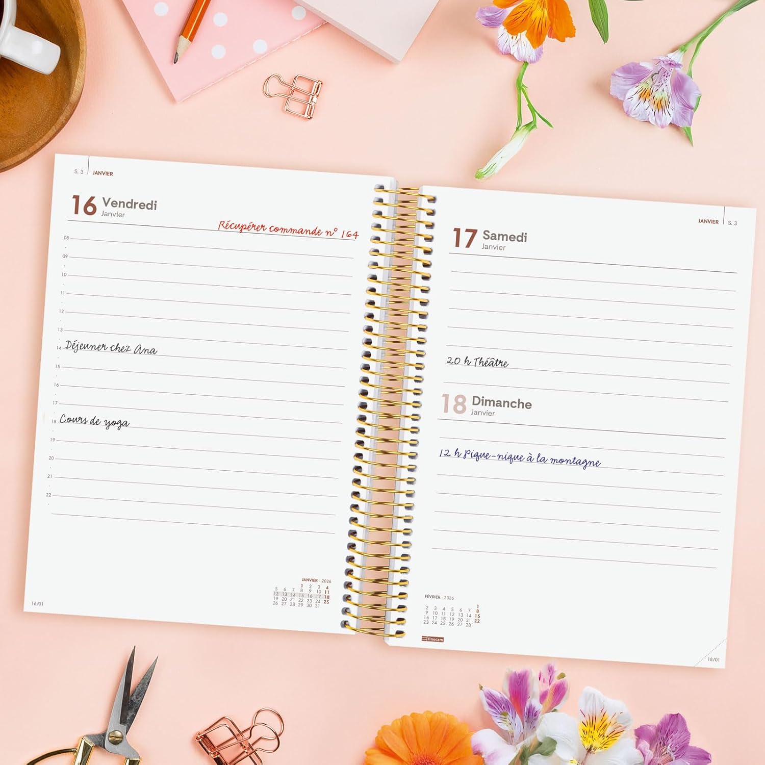 Finocam Spiral Calendar 2026 Day to a Page January - December (12 Months) 2026 Annual Calendar with Elastic Band Polypropylene Cover Spiral Bound Design Collection Flora, French