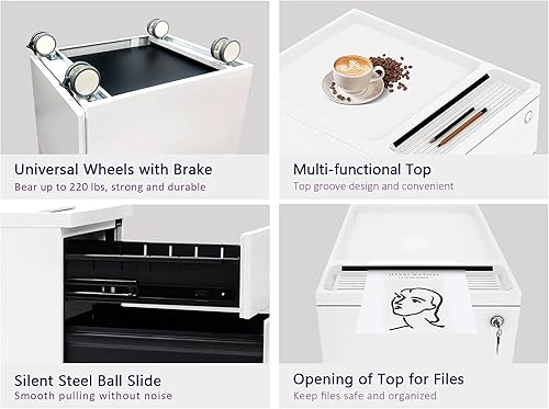 Miniatura 41 de Archivador móvil de 2 cajones con cerradura, archivadores de oficina para debajo del escritorio, archivador pequeño totalmente montado excepto Negro