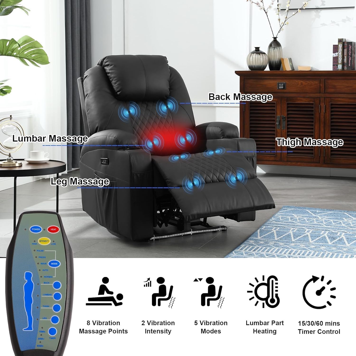 Power Recliner Chair with Massage and Heat, Leather Home Theater Seating with LED Lights/Cup Holders/Side Pocket/USB Port, Reclining Sofa Chair for Living Room(1, Black)