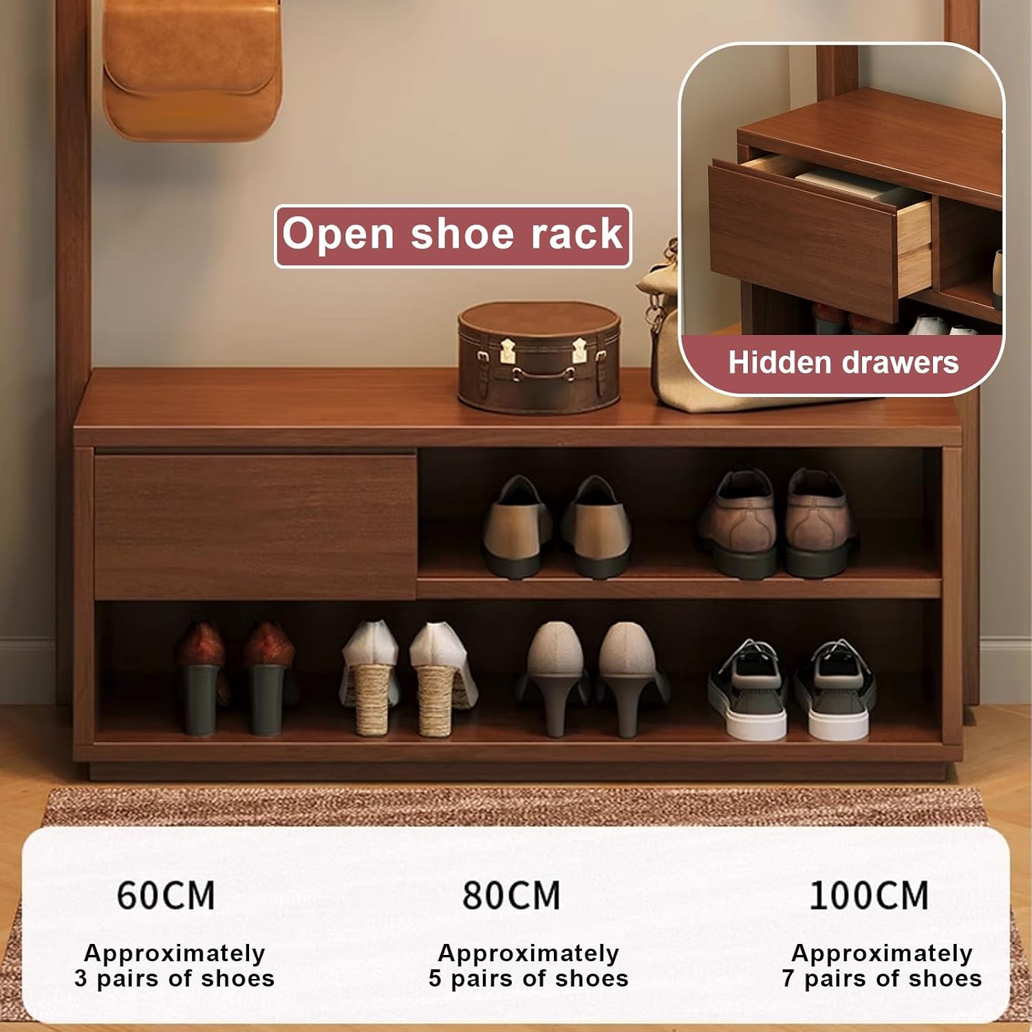 Jcgly Wood Entryway Coat Rack with Shoe Bench, 71" Tall Hall Tree, Double Row Staggered Hooks, Open Shoe Rack & Hidden Drawer(Yellow,60cm/23.5in)