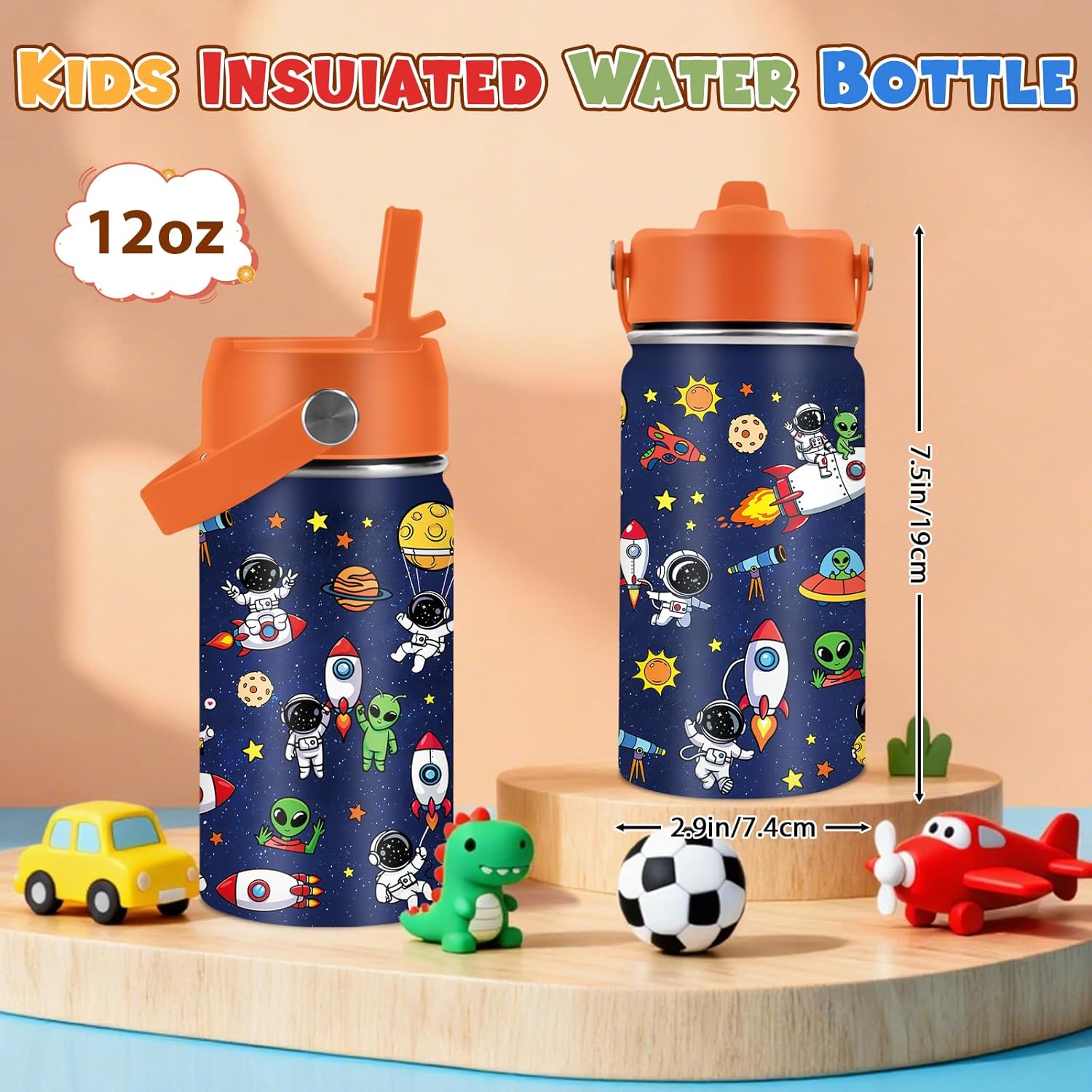 Space Astronomy Gifts for Kids - 12 Oz Kids Water Bottle with Straw Lid, Stainless Steel Insulated Tumbler, Leak Proof, BPA-Free, for Boys, School, Travel - Universe Children Birthday Gifts Cups(1pc) - Image 2