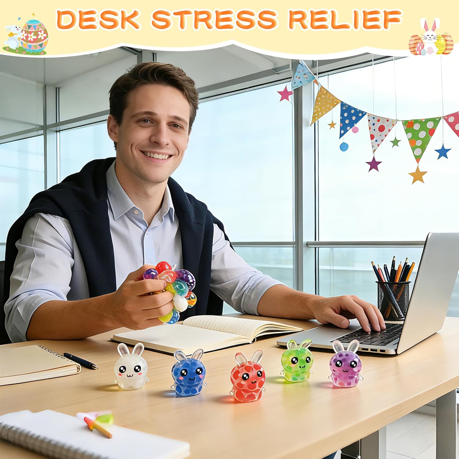 Easter Egg Fillers – 12 Pcs Mini Bunny Squishy Balls, Non-Candy Easter Basket Stuffers, Squishy Stress Relief and Fidget Desk Toys for Kids, Teens and Adults, Party Favors and Gifts
