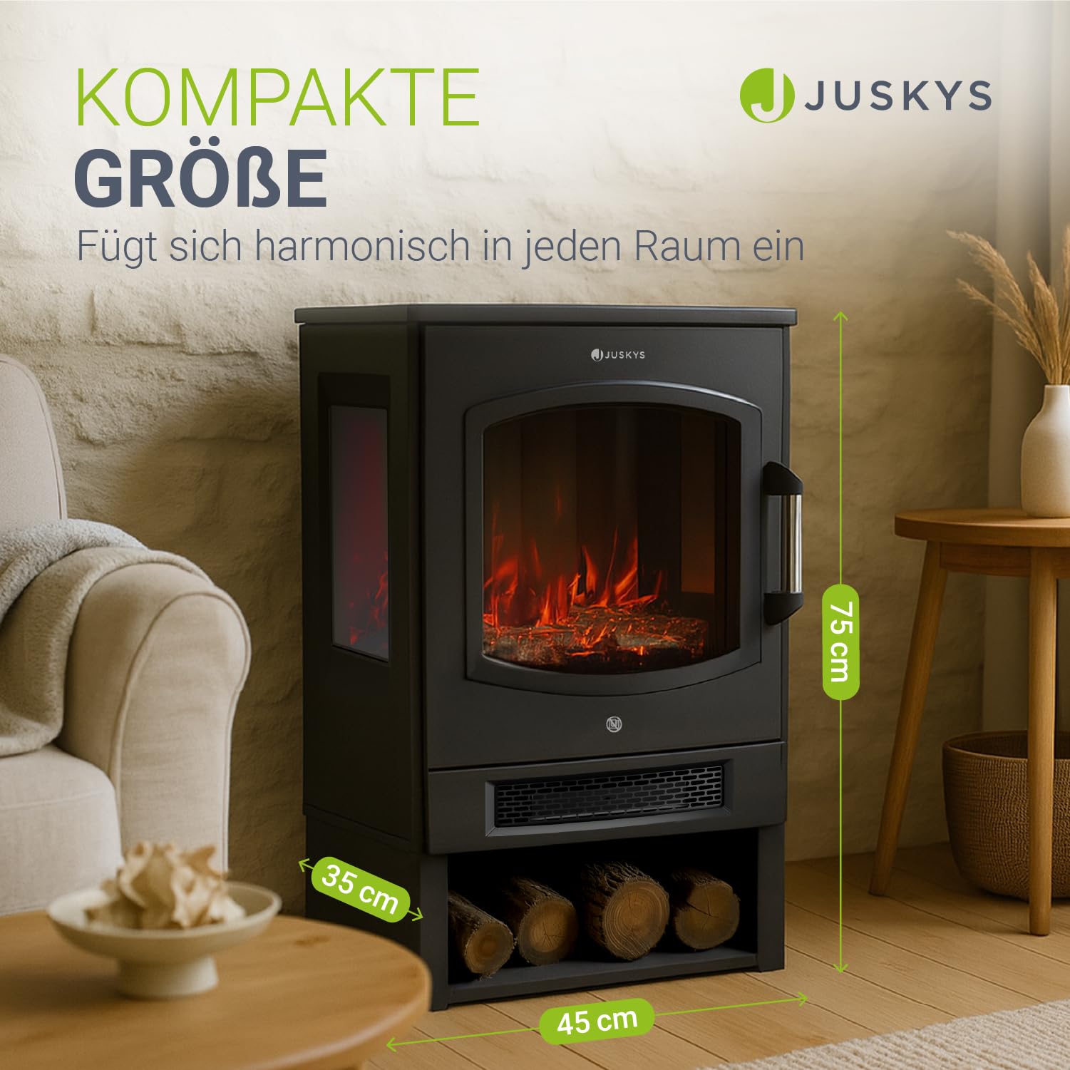 Juskys® Elektrokamin 1800W — Schwarz, elektrischer Standkamin mit LED-Flammeneffekt, WLAN/App-Steuerung, Fernbedienung