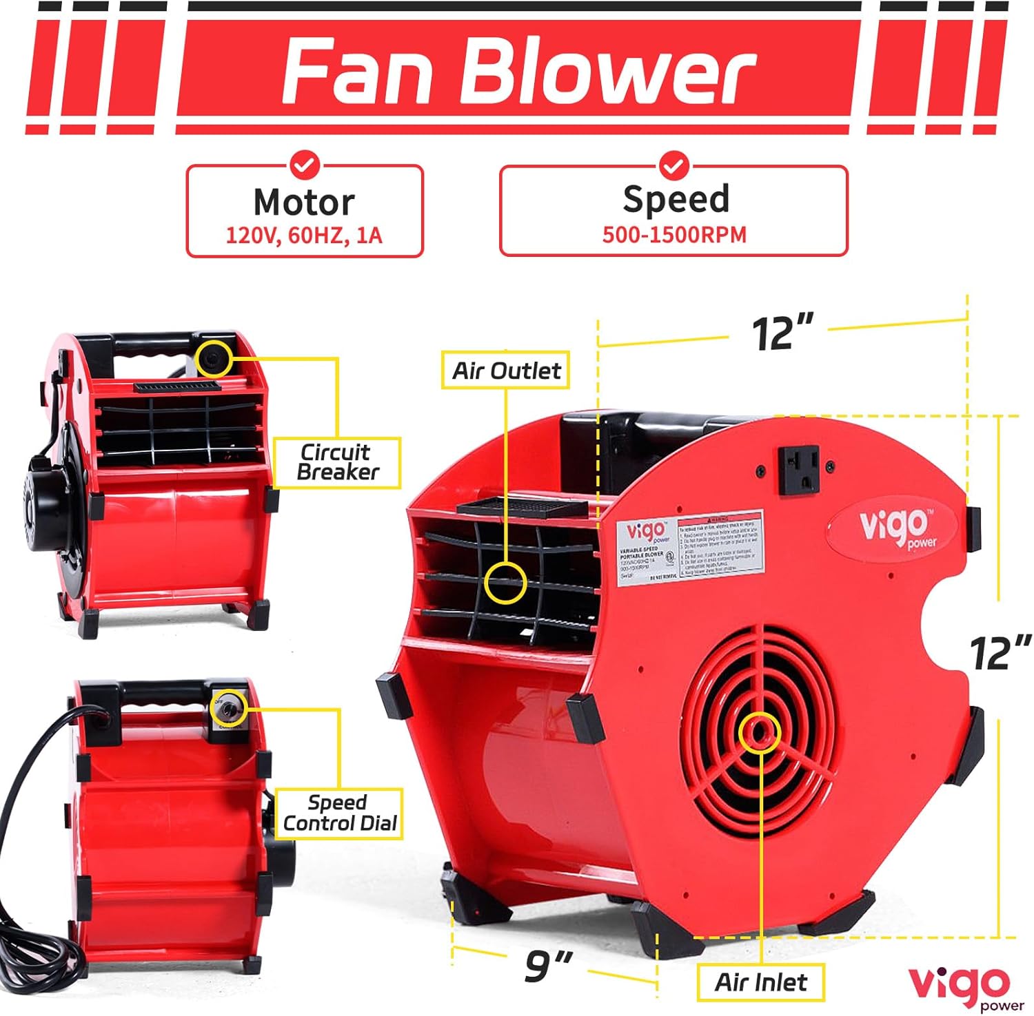 Floor Fan High Velocity Air Mover - 300 CFM Industrial Air Blower for Carpet Drying, Garage & Home - Portable Car Dryer Blower with 2 Built-in Power Outlets & Variable Speed Control