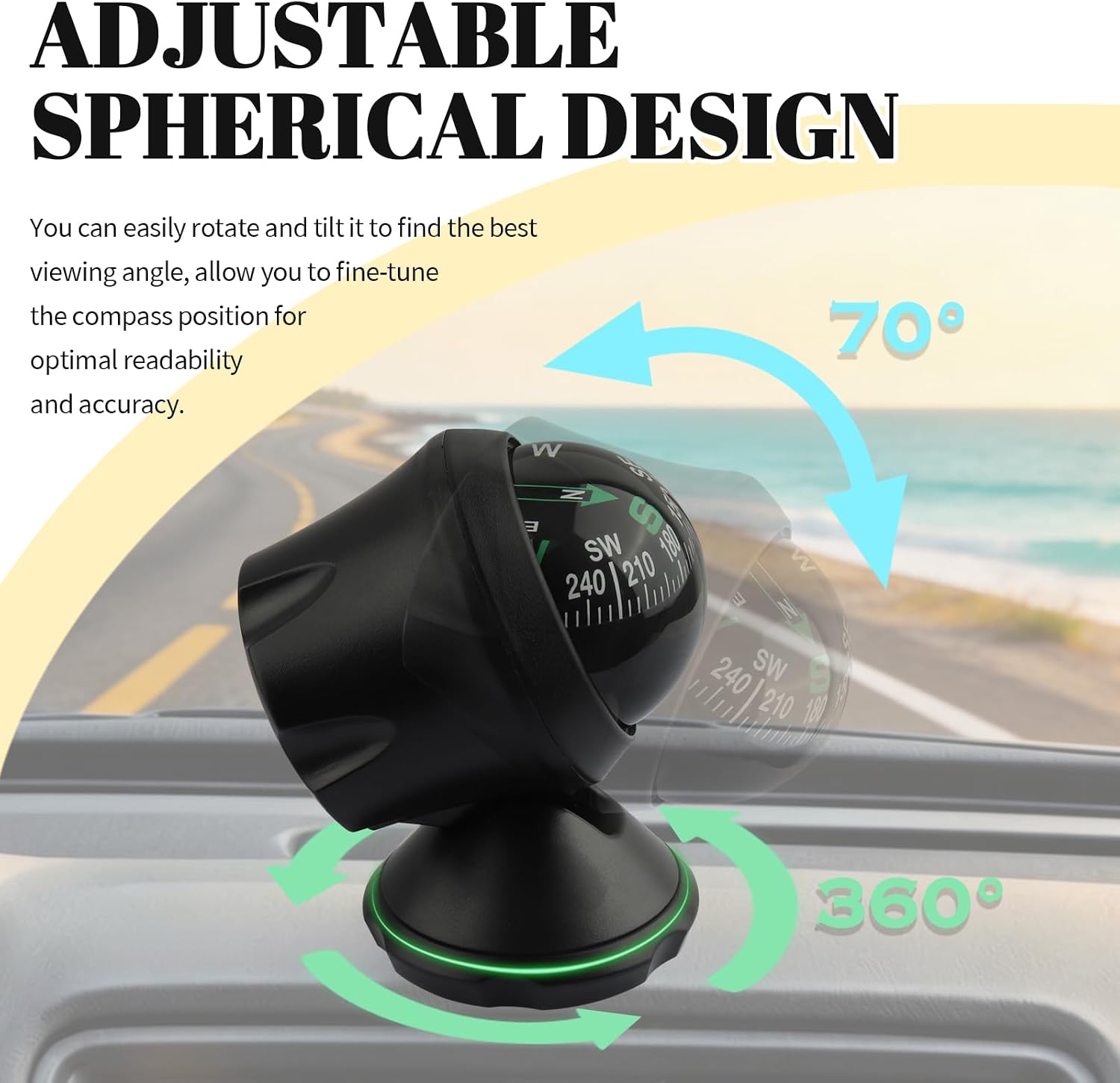2026 Upgraded Car Compass Dashboard,Adjustible Ball Compass for Car Dashboard with Night Vision,Universal Dashboards Compasses for Cars Interior Accessories Fit Most Vehicles