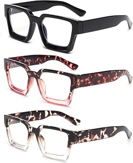 JM 3 Pack Square Reading Glasses,Blue Light Blocking Reading Glasses for Women and Men