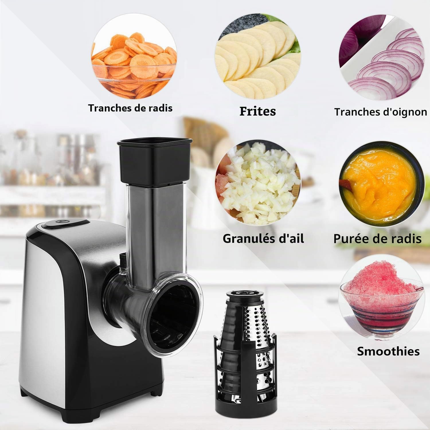 Fresh Express avec 5 cônes, Coupe-légumes électrique 150W, Râpe pour carottes, pommes de terre, concombres, argent noir