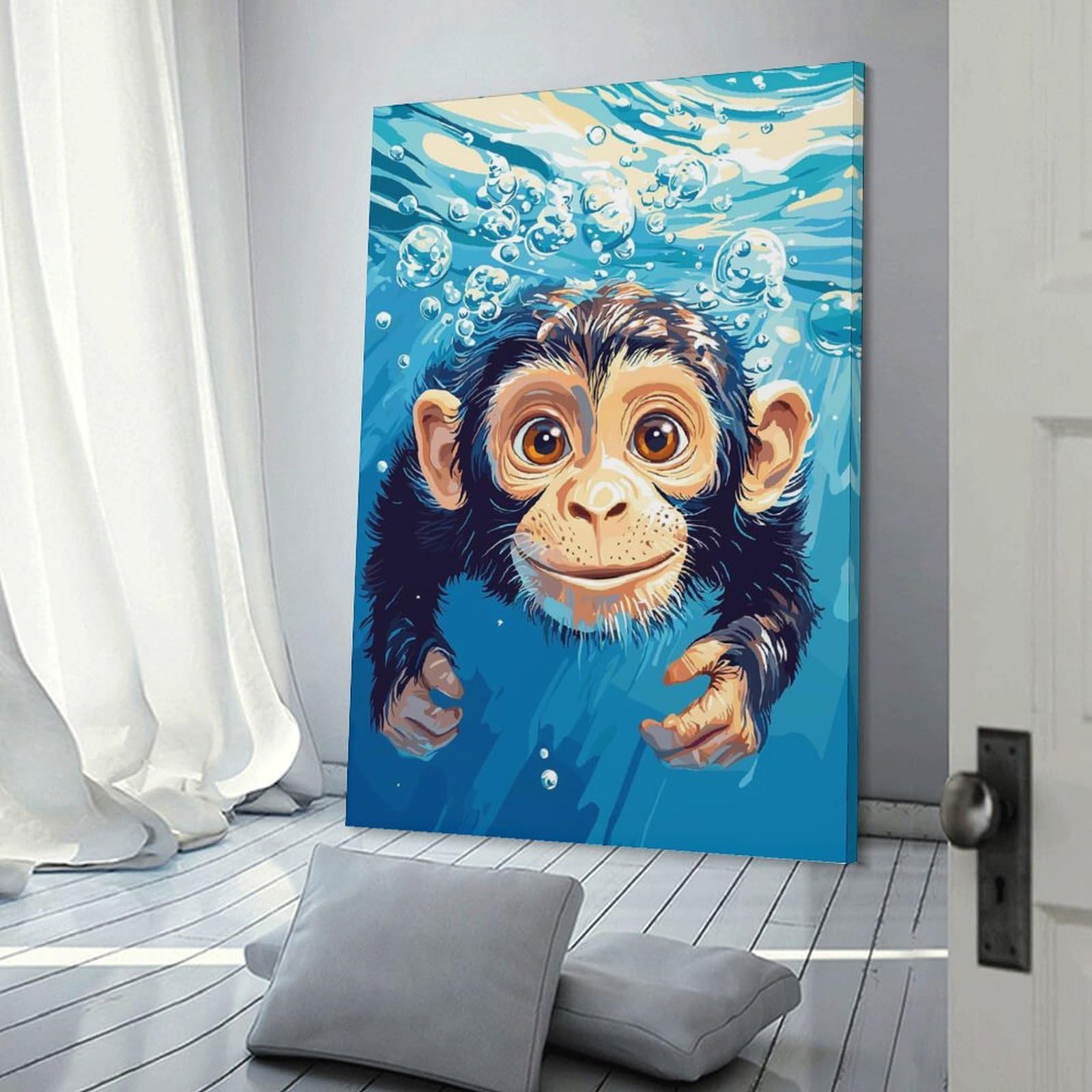 Junmoney Frame-Style-22 Monkey Swimming Underwater With Bubbles Wall Decor Canvas Print, 20X30inch(50X75cm), For Lounge, Bedroom Or Personal Spaces, Thoughtful Wall Decor For Art Lovers