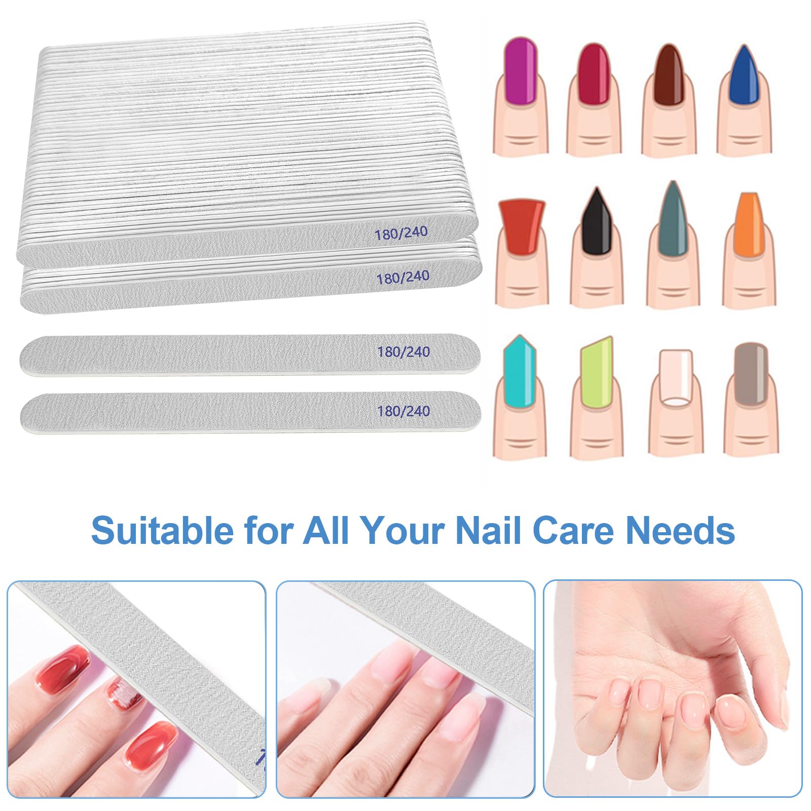 Nagelfeile (100 Packungen), Schmirgelbretter für Nägel, Körnung 180/240, Nagelfeilen für Naturnägel, Holz, doppelseitige Emory Fingernagelfeilen, professionelle wiederverwendbare Maniküre, Pediküre,
