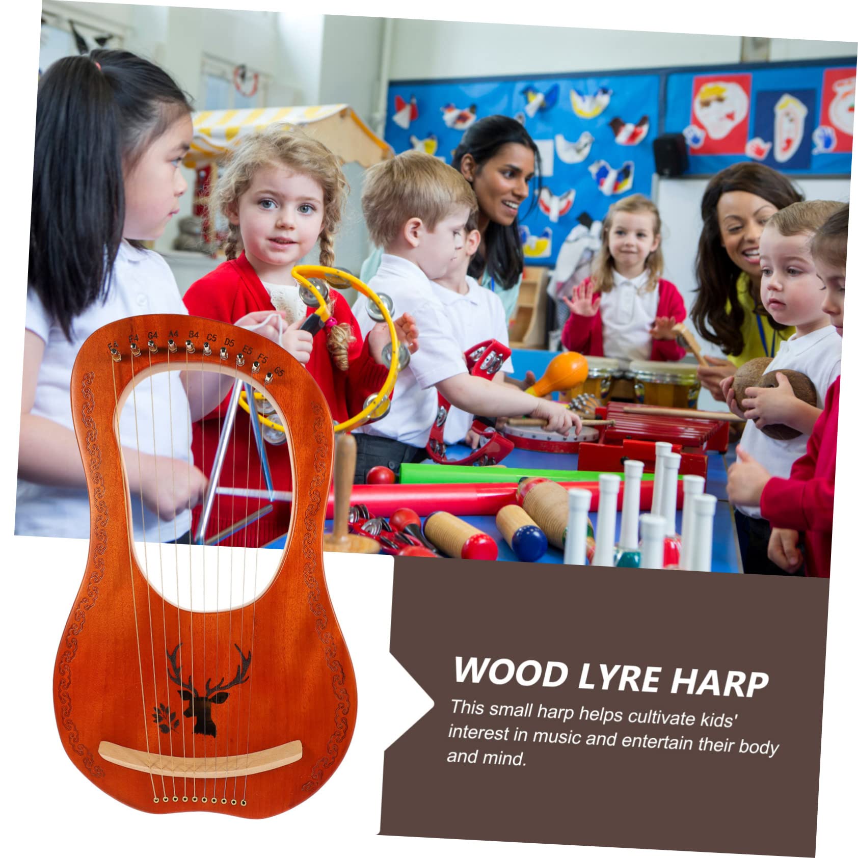 Holzleierharfe mit Saiten Filigranes Musikinstrument aus Naturholz Kleine Harfe mit Metallsaiten Traditionelles Instrument für Anfänger