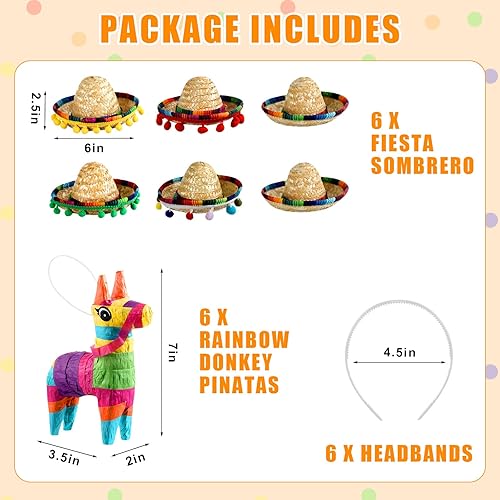 Miniatura 9 de 6 mini piñatas de burro arcoíris de 4 x 7 pulgadas y 6 diademas con sombrero para el Cinco de Mayo, decoraciones mexicanas, carnavales, festivales,