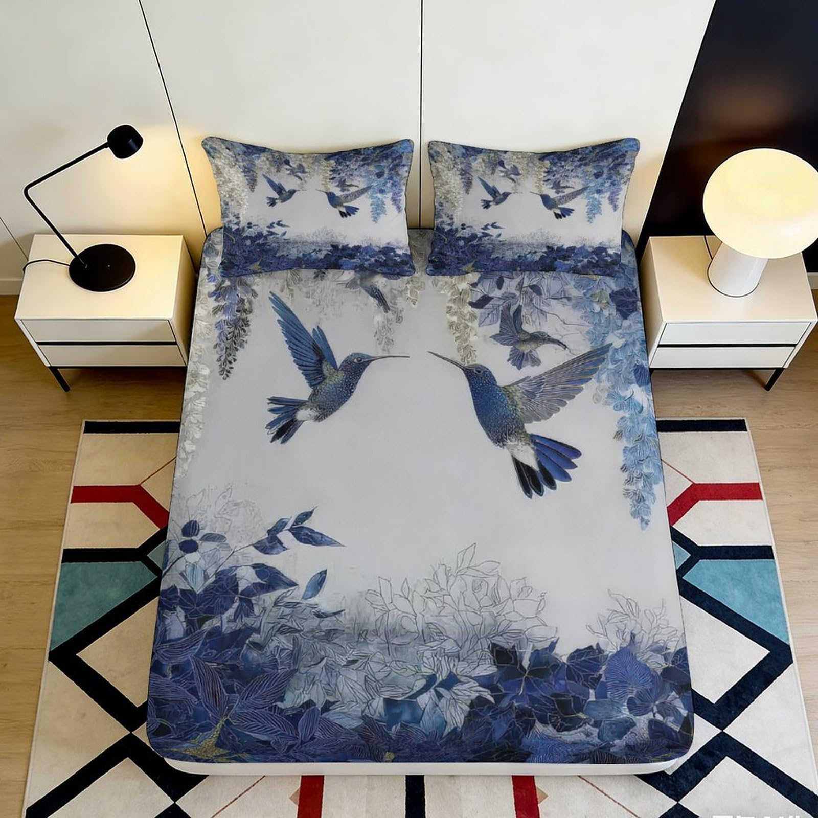 3D Printed Blue Hummingbird Fitted Sheet Microfiber Bedroom Decor Floral Mattress Cover for Home Guest Room 90x200x25cm