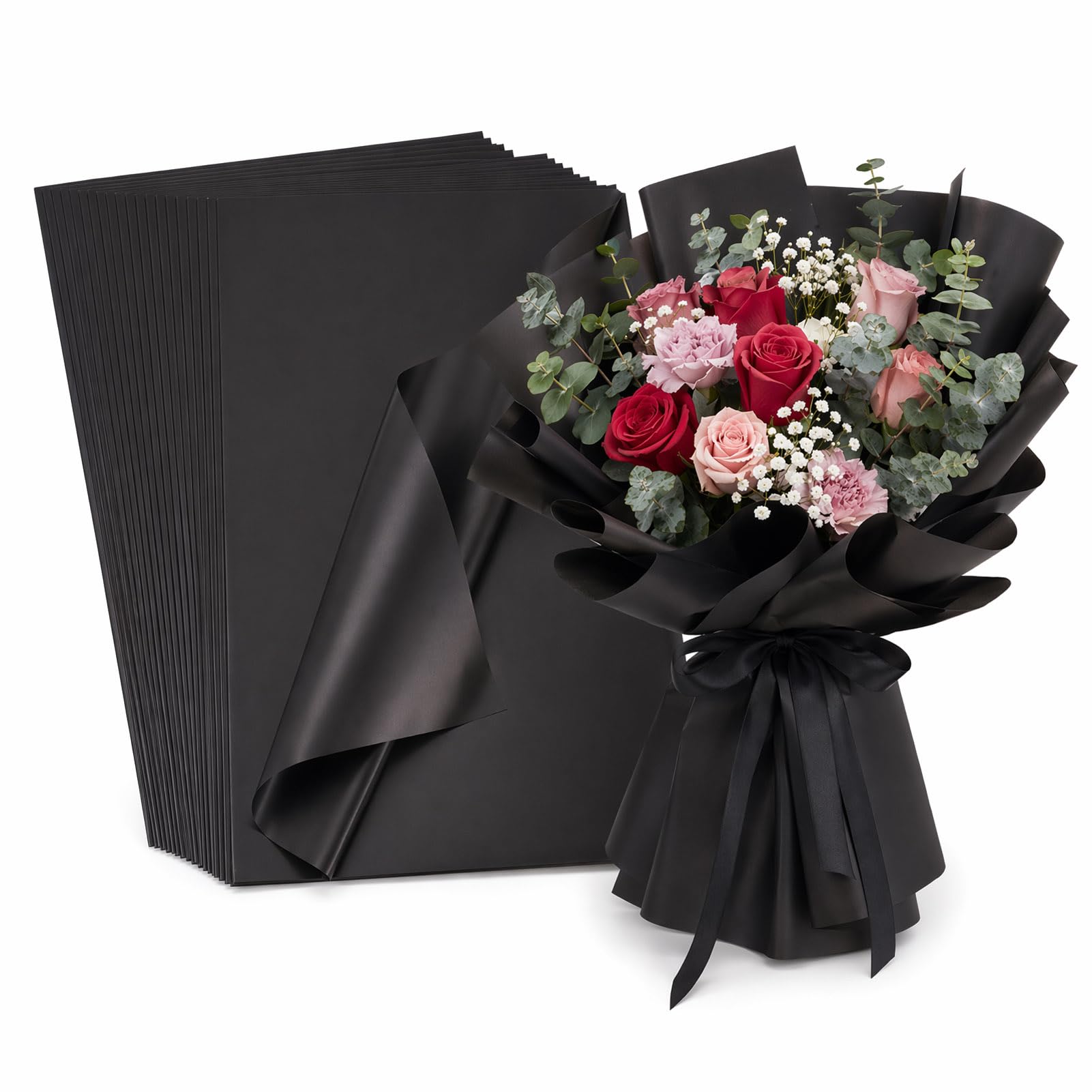 Sparkeads 20 pcs Waterproof Flower Wrapping Paper 560x560mm Florist Papers Square Floral Wrap Paper for Gift Bouquet Packaging Wedding Birthday Party Decoration,Black