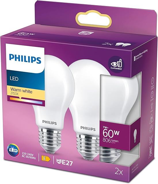 Philips LED Classic A60 Frosted Light Bulb 2 Pack [E27 Edison Screw] 7W - 60W Equivalent , Warm White 2700K, Non Dimmable
