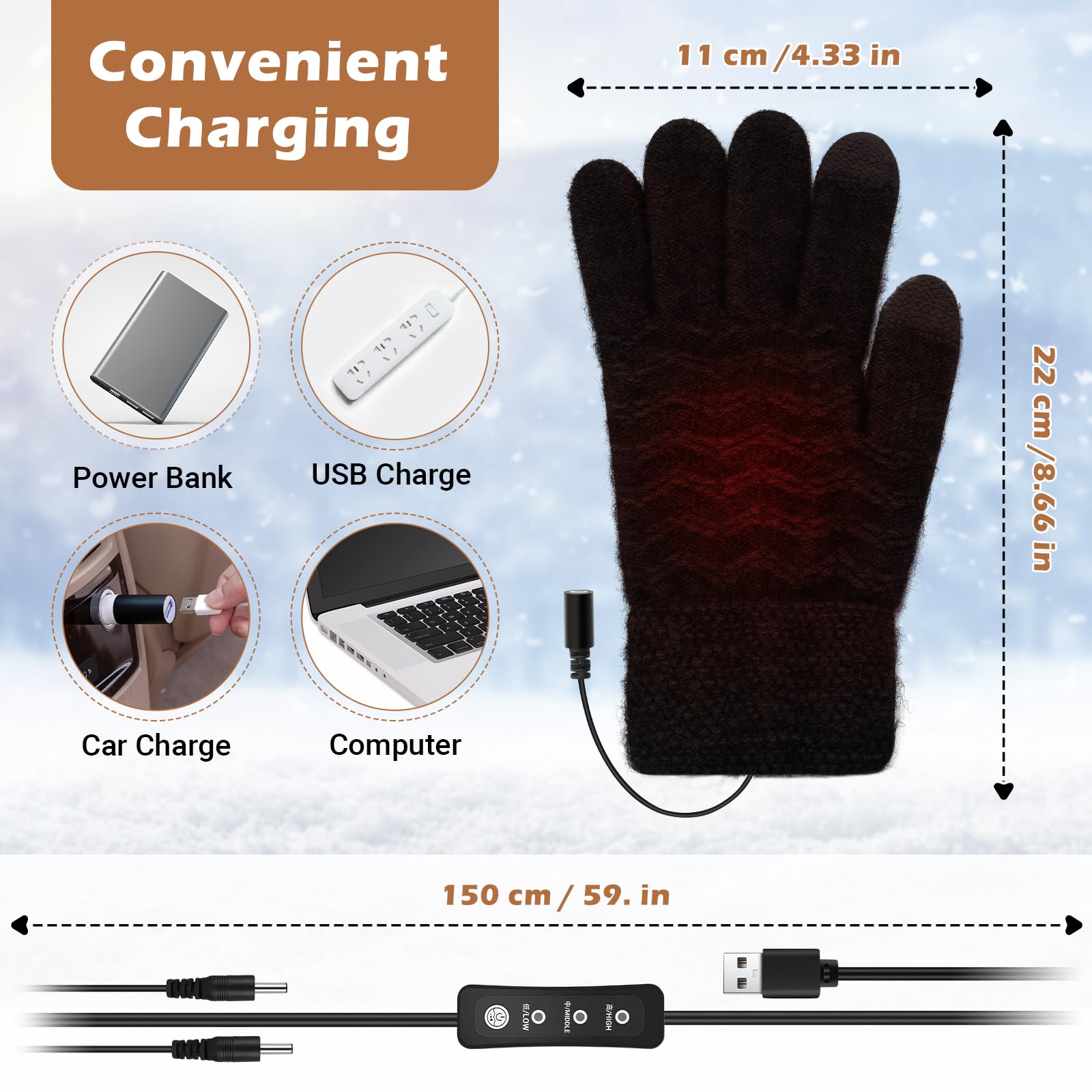 Coikes Guantes Calefactables USB para Hombres y Mujeres Guantes para Pantallas Táctiles Invierno 3 Temperatura Guantes Trabajo Frio Lavable Guantes Invierno para Esquí Senderismo Regalo